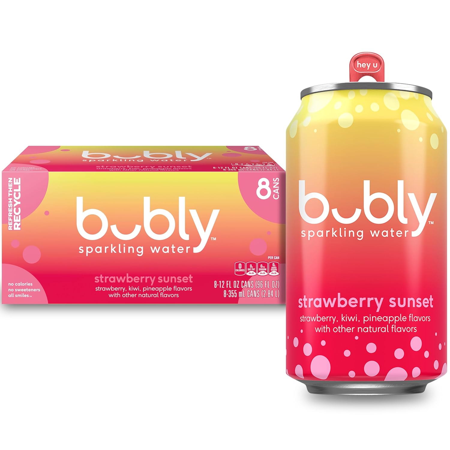bubly Sparkling Water, Strawberry Sunset, Zero Sugar & Zero Calories, Seltzer Water, 12 Fl Oz Cans (Pack of 8)