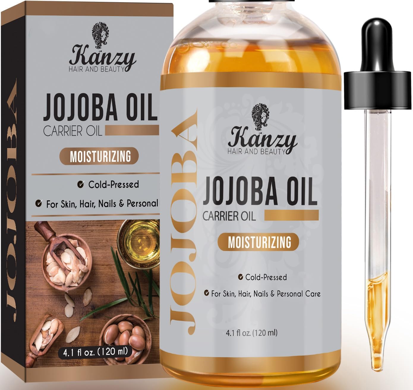 Kanzy Jojoba Oil 120ml Cold Pressed for Hair, Nails, Eyelash & Eyebrow Growth - Vegan & Cruelty Free for Skin, Face & Body as Carrier, Massage Oil