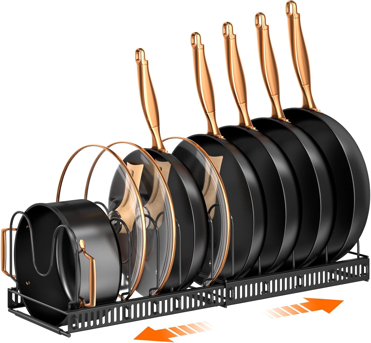 MUDEELA Pots and Pans Organizer Rack for under Cabinet, Expandable 11.71''-22.85'' Pot Lid Kitchen Cabinet Organizer Holder with 10 Adjustable Compartment for Pot Lid, Cutting Board, Cast-iron Pan