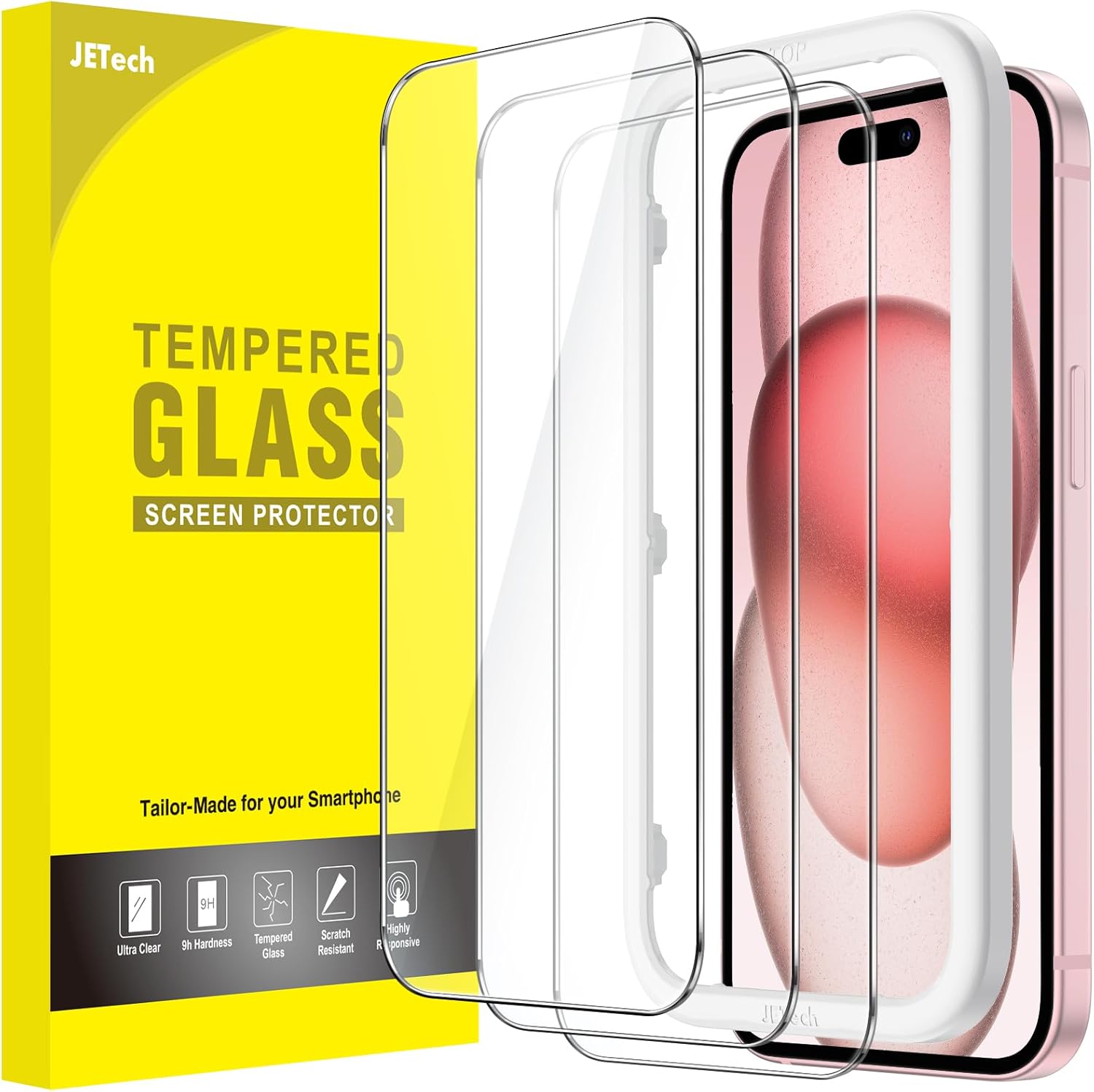 JETech Screen Protector for iPhone 15 6.1-Inch, Tempered Glass Film with Easy Installation Tool, Case-Friendly, HD Clear, 3-Pack