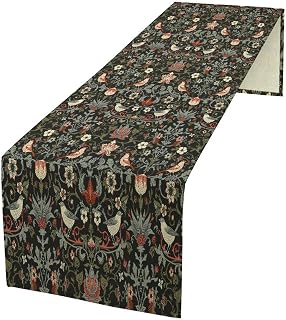 William Morris Floral Table Runner, Vintage Flowers Boho Botanical Flowers Birds Printed Linen Table Runner for Home Kitchen Dining Table Decoration,13x120 Inch