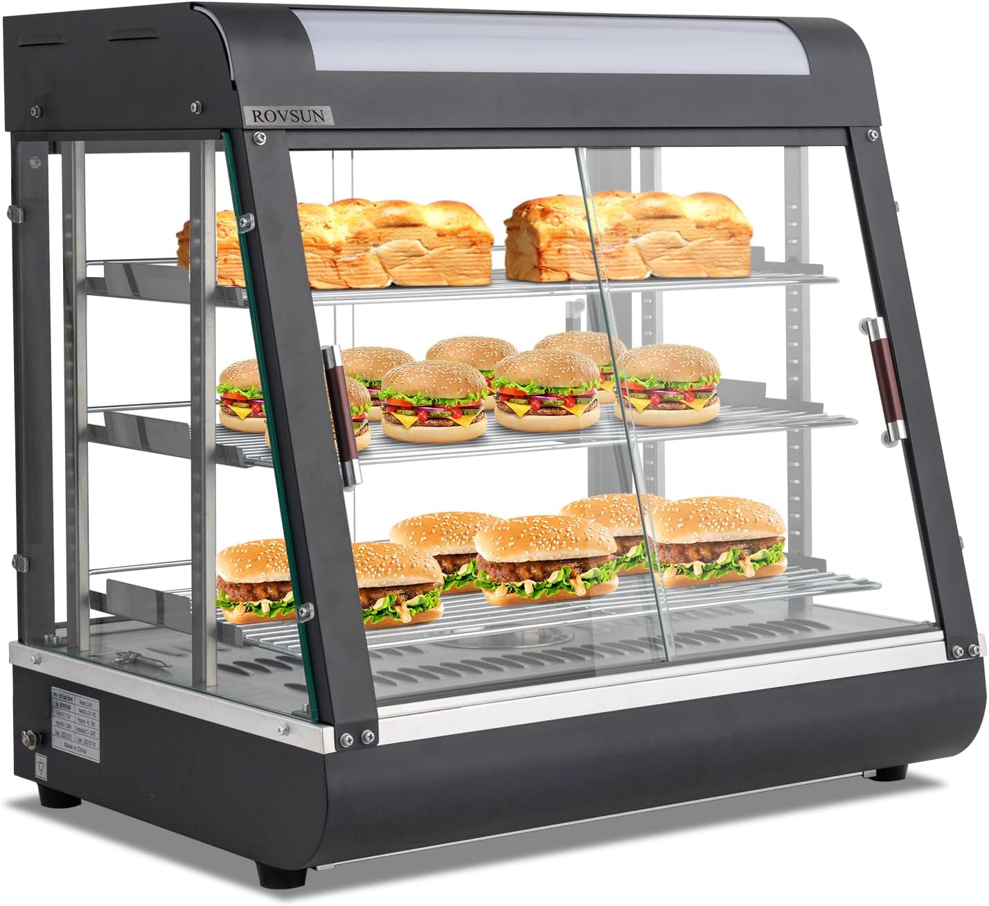 ROVSUN 26" Commercial Food Warmer Display Pizza Warmer, 3-Tier Electric Countertop Food Warmer w/LED Lighting Adjustable Removable Shelves Glass Door, Pastry Display Case for Buffet Restaurant 1200W