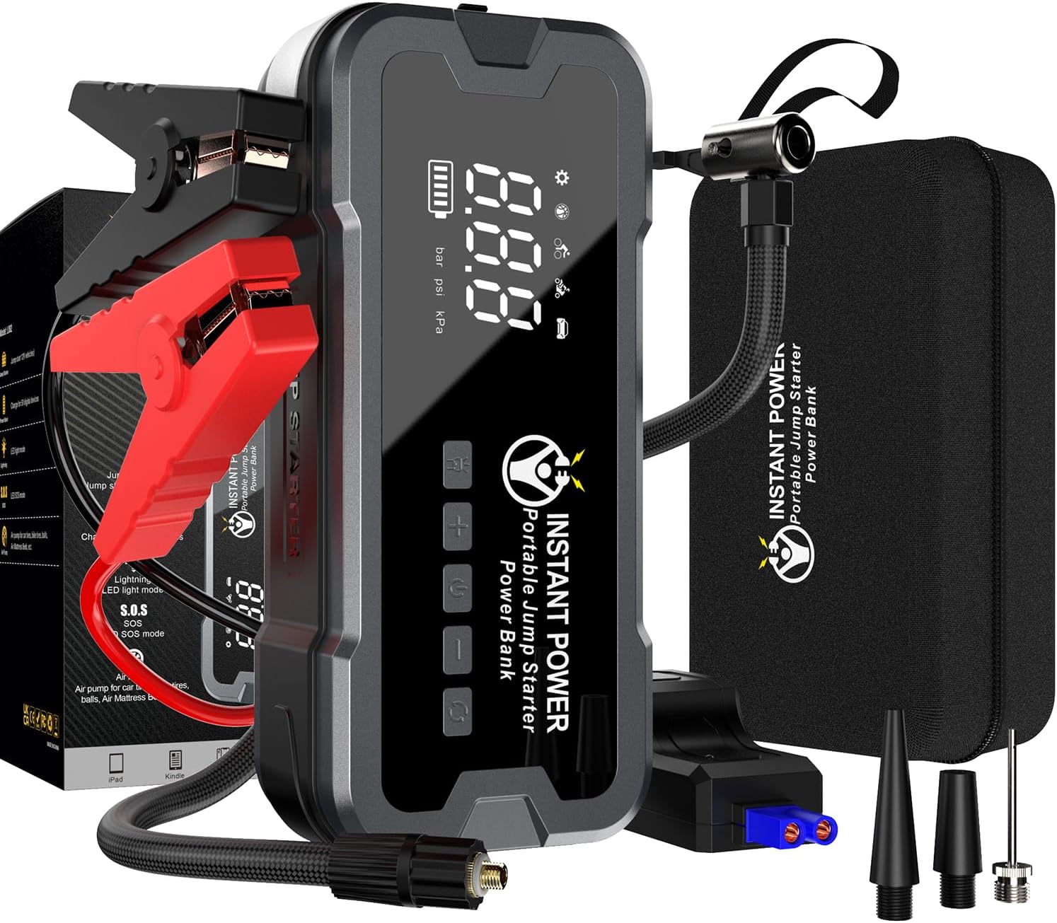 Instant Power Jump Starters - Jump Starter Power Pack and Air Compressor 4000 Amp 12 Volt - Portable Jump Starter Power Pack, Car Battery Jump Start 12-Volt Power Bank, 150PSI for Cars Vans Motorbikes