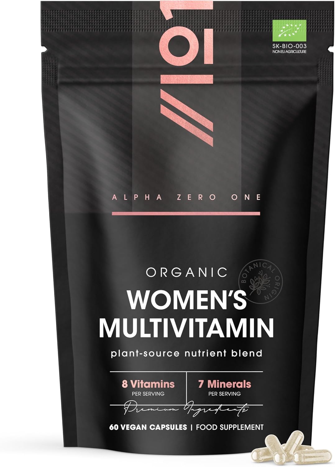 Organic Women's Multivitamins and Minerals - 100% Plant Based - 15 Organic Vitamins & Minerals – 60 Vegan Capsules – Resealable and Recyclable Pouch by Alpha01