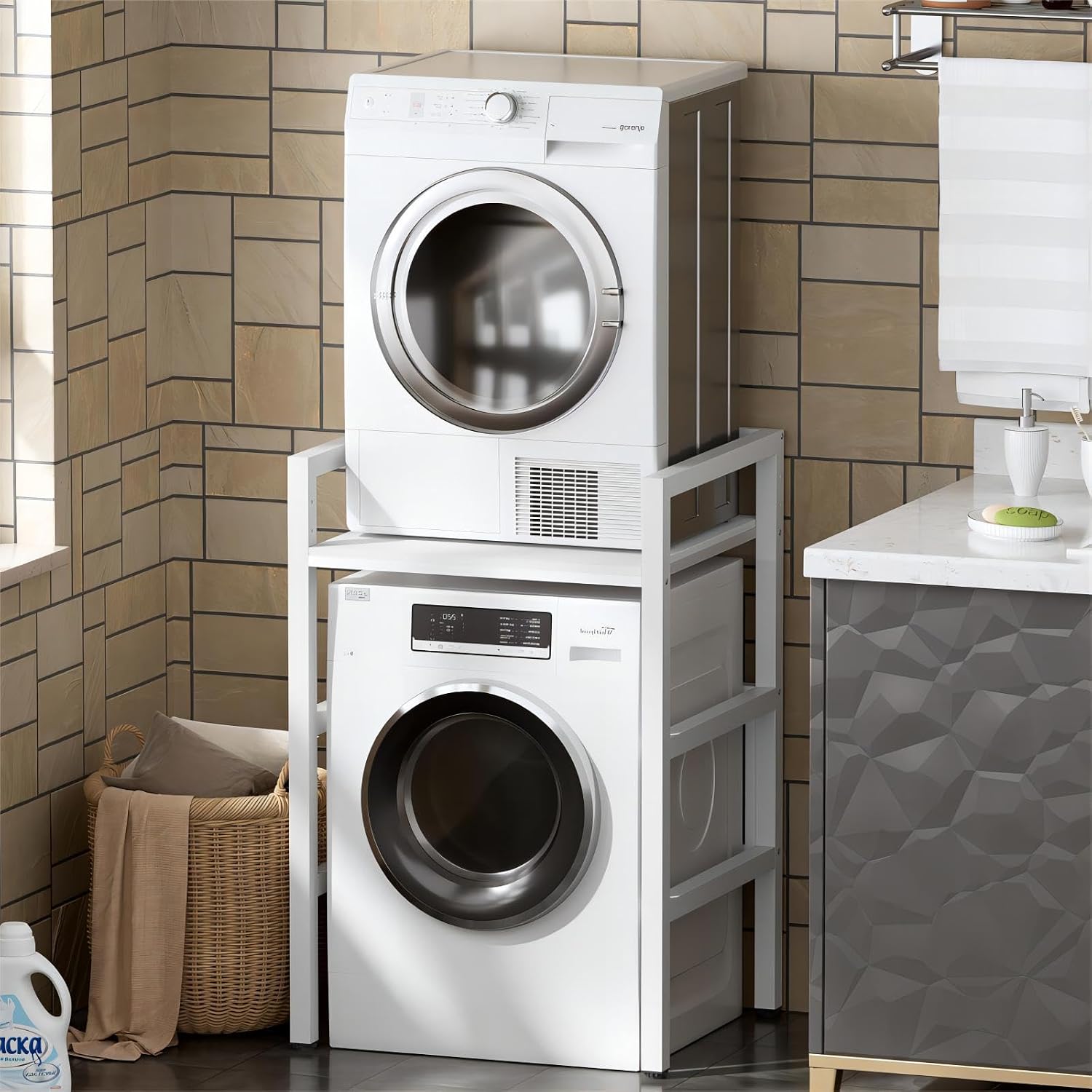 MSFE Washer Dryer Stacking Kit, Height-Adjustable Tumble Dryer Stand, Storage Rack Over the Washing Machine, Load Capacity 350 kg,for Washing Machine and Dryer, 73 x 64 x 110 cm, Patented Product