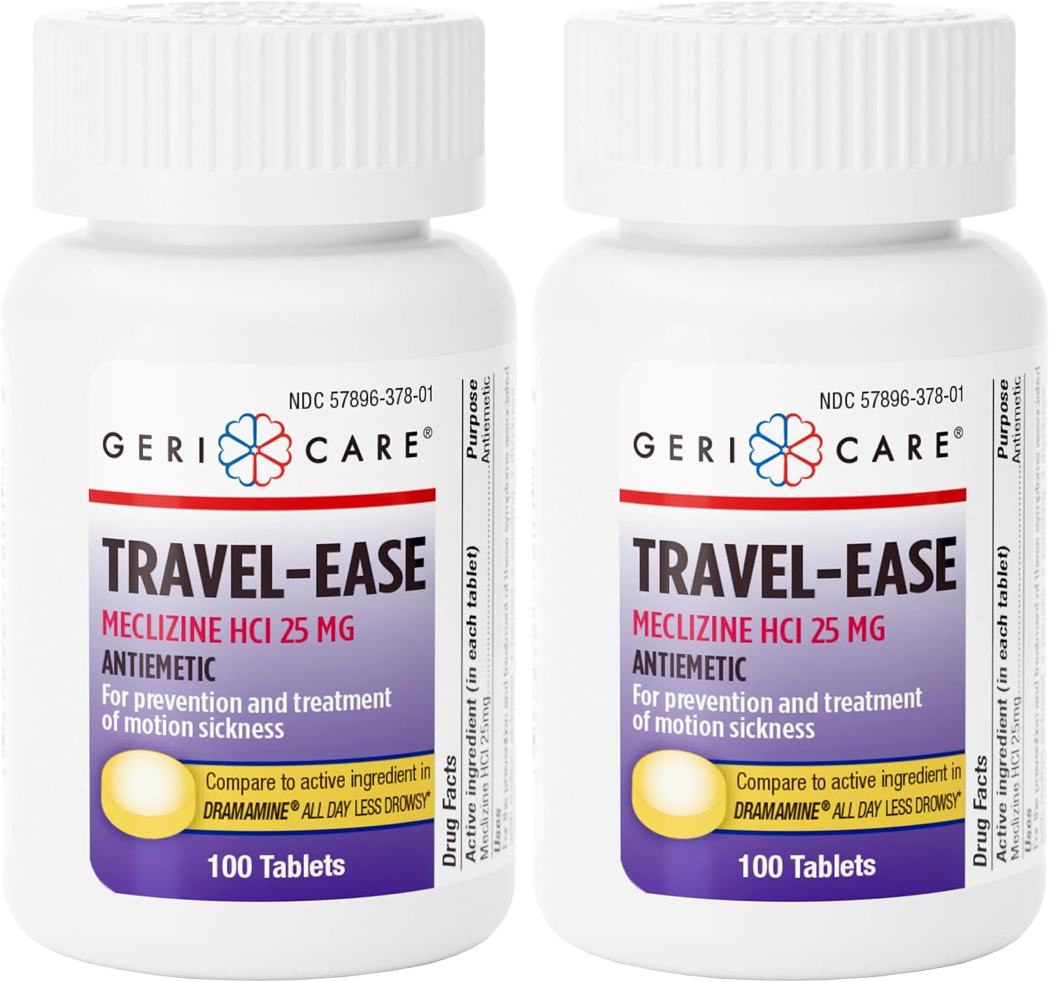 GeriCare Meclizine HCI 25mg Antiemetic Travel-Ease Tablets, Prevents and Treats Motion Sickness, Nausea Relief, 100 Count (Pack of 2)