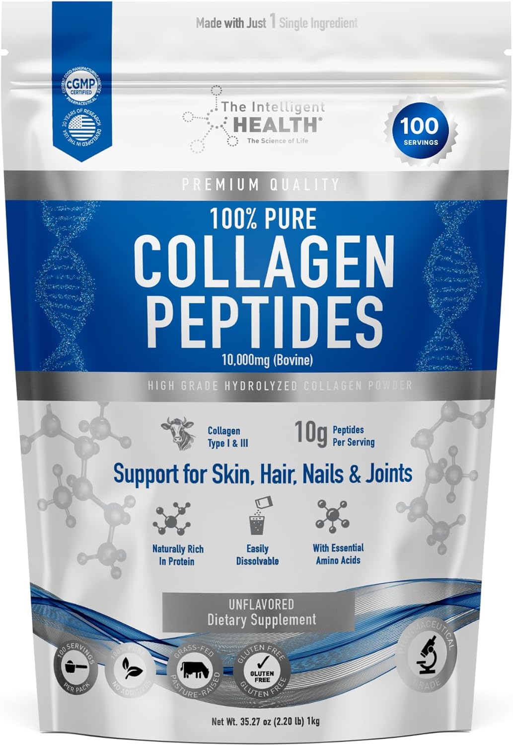 Hydrolysed Collagen Powder (Bovine) - High Protein Grass Fed Unflavoured Peptides- Collagen Supplements for Women | Gluten Free, Paleo & Keto Friendly (1KG)