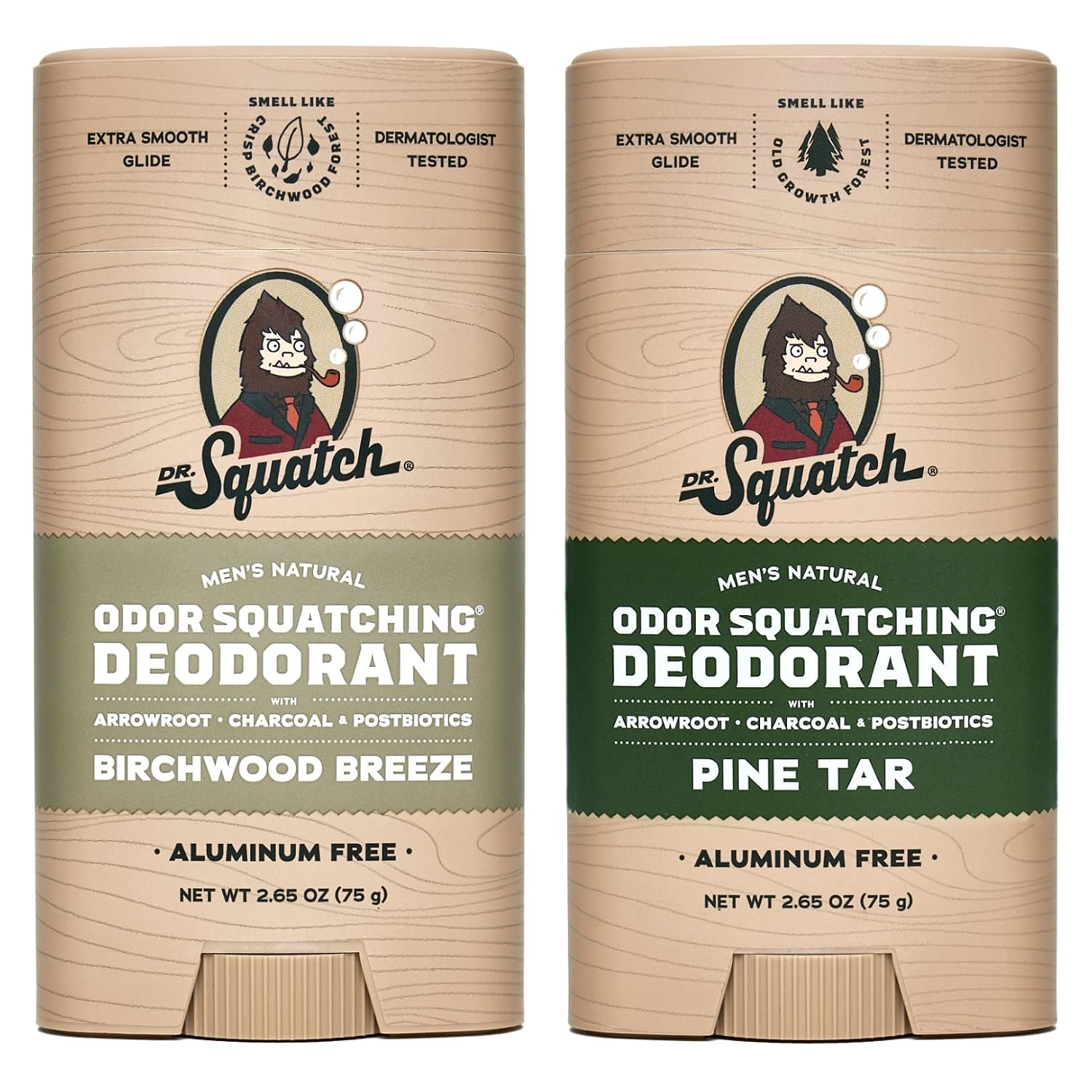 Dr. Squatch Natural Deodorant for Men – Odor-Squatching Men's Deodorant Aluminum Free - Pine Tar + Birchwood Breeze (2.65 oz, 2 Pack)