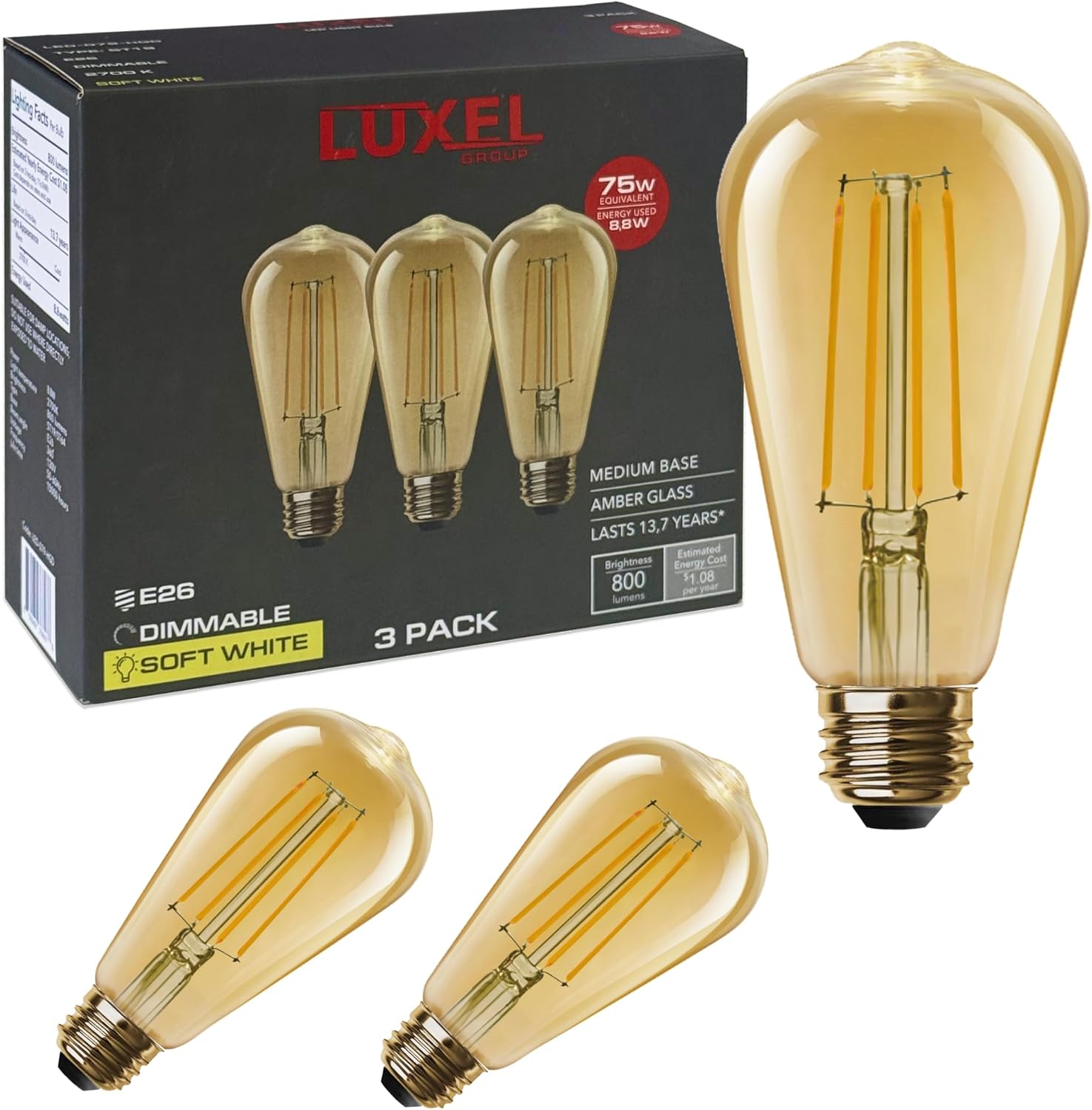 Vintage LED Edison Bulbs ST19 (ST64) - 8.8W Equivalent 75W - Dimmable High Brightness Soft White 2700K Antique LED Filament Bulbs - 800 Lumens - E26 Medium Base - 3pk (Amber Glass)