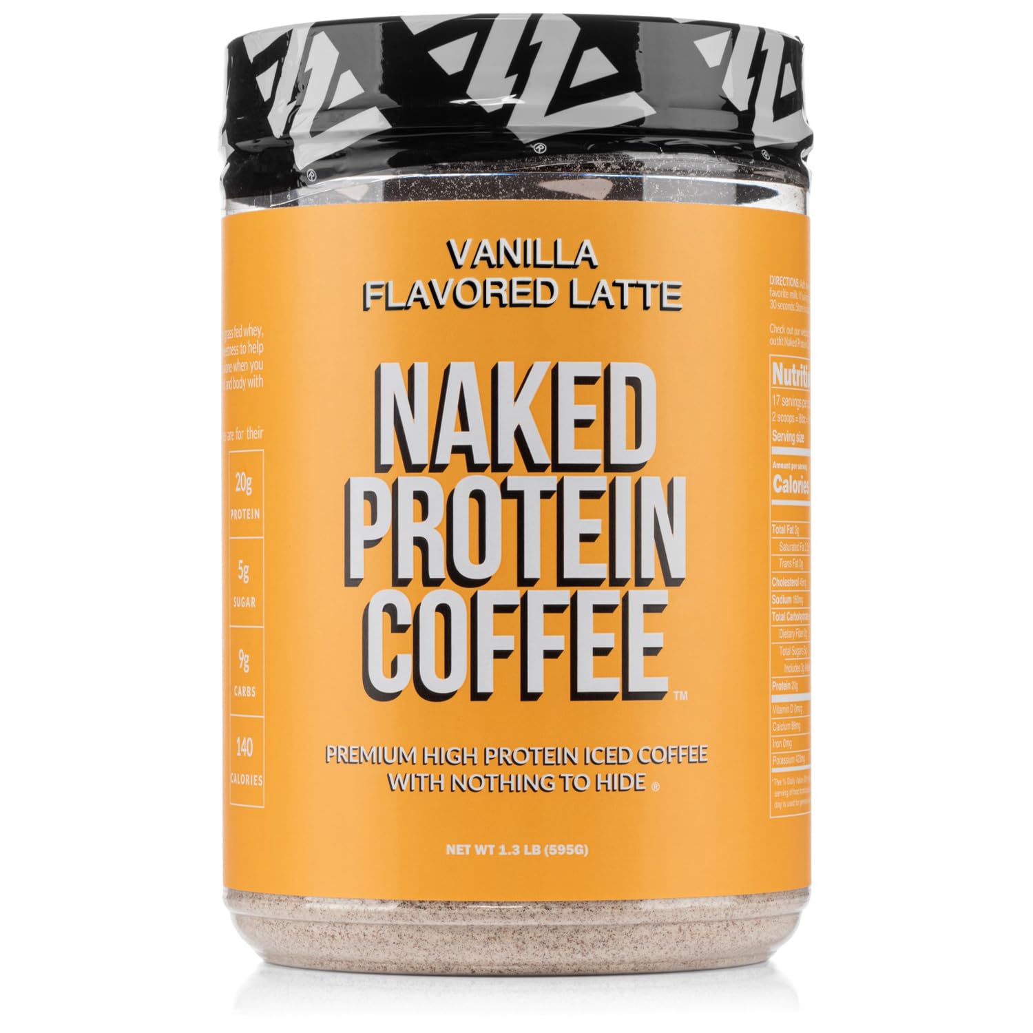 Naked Nutrition Vanilla Latte Protein Coffee - Premium Instant Coffee - Protein Shake, Iced Coffee, Protein Drinks, Delicious Keto Friendly and Gluten Free, 17 Servings