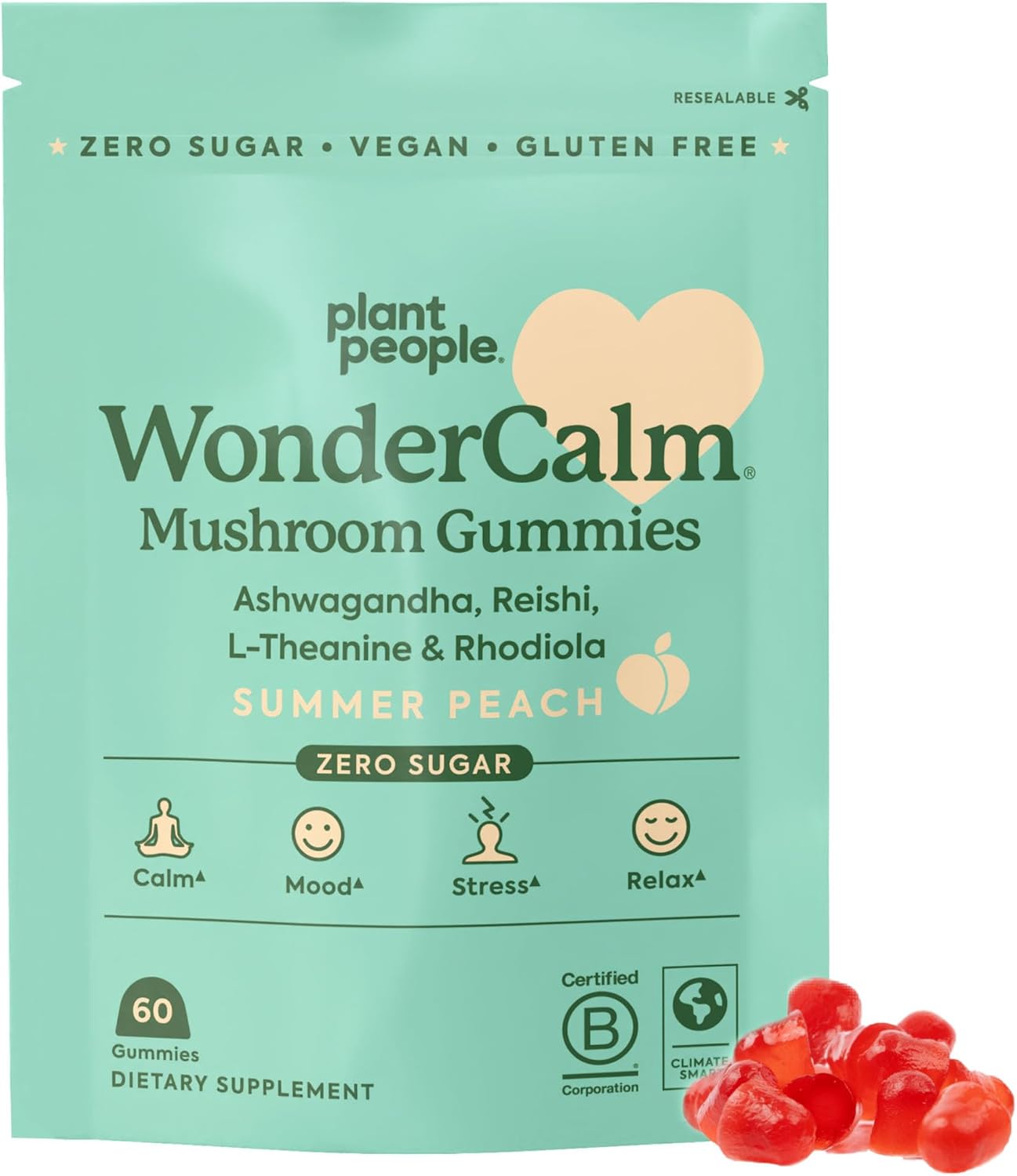 Plant People WonderCalm Mushroom Gummies - Natural Ashwagandha Supplement to Ease Stress & Boost Mood for Adults without Sugar, Gluten or Artificial Colors, Vegan-Friendly, Peach Flavor, 60 Count
