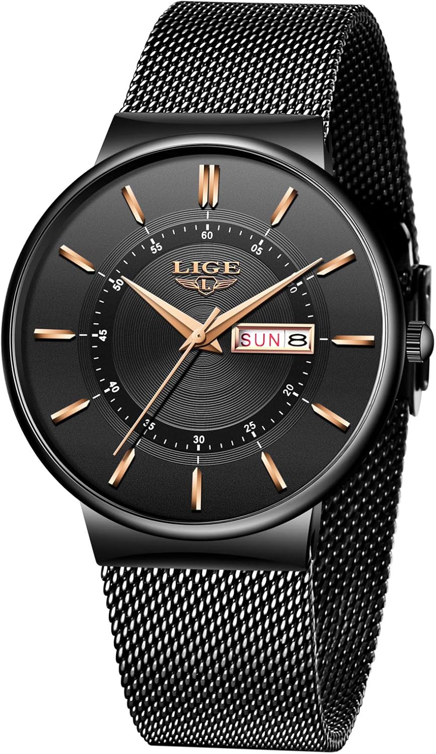 LIGE Men's Watches Black Ultra Thin Minimalist Fashion Wristwatches for Men Business Dress Waterproof Casual Watch for Man with Stainless Steel Mesh Watch