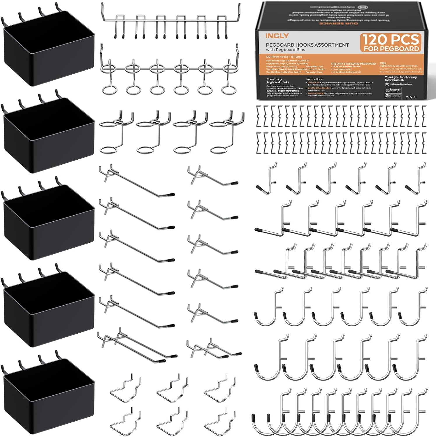 INCLY 120PCS Pegboard Accessories Organizer Kit with Peg Borad Hooks & Bins