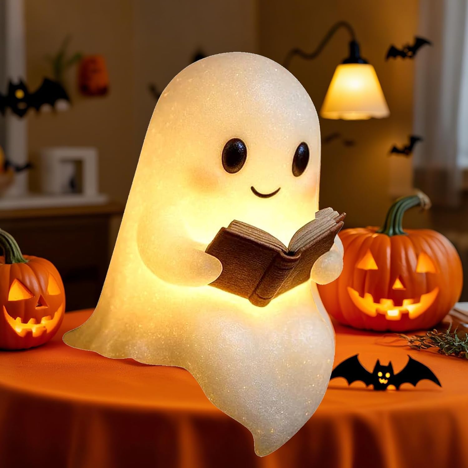 Cute Ghost Reading Book Lamp, Halloween Decor 3D LED Light Up Ghost Night Light for Bedroom Table Shelf Spooky Warm Figurine Lamp Gift for Readers (White-1pc)