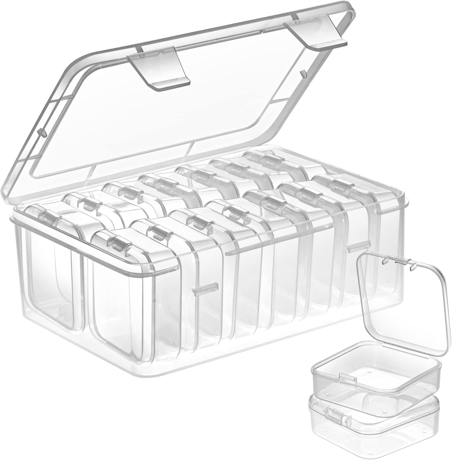 Mathtoxyz Bead Organiser Storage Box, 15 Pcs Small Plastic Storage Boxes Clear Clay Beads Storage Containers Case with Hinged Lid and Rectangle for Craft DIY Diamond Small Parts Rhinestone