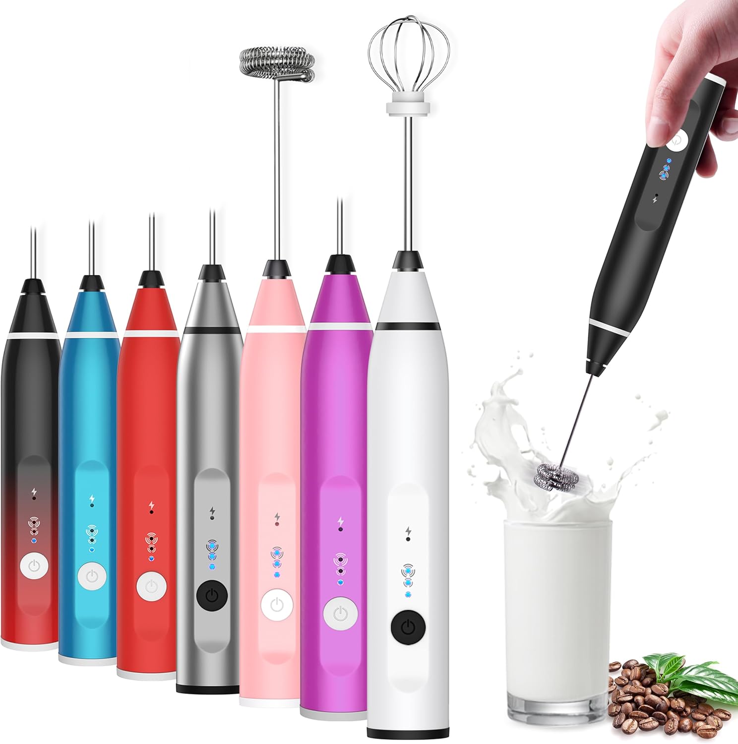 Milk Frother Rechargeable Handheld Electric Whisk Coffee Frother Mixer with 2 Stainless whisks 3 Speed Adjustable Foam Maker Blender for Coffee Matcha Latte Cappuccino Hot Chocolate（Black）