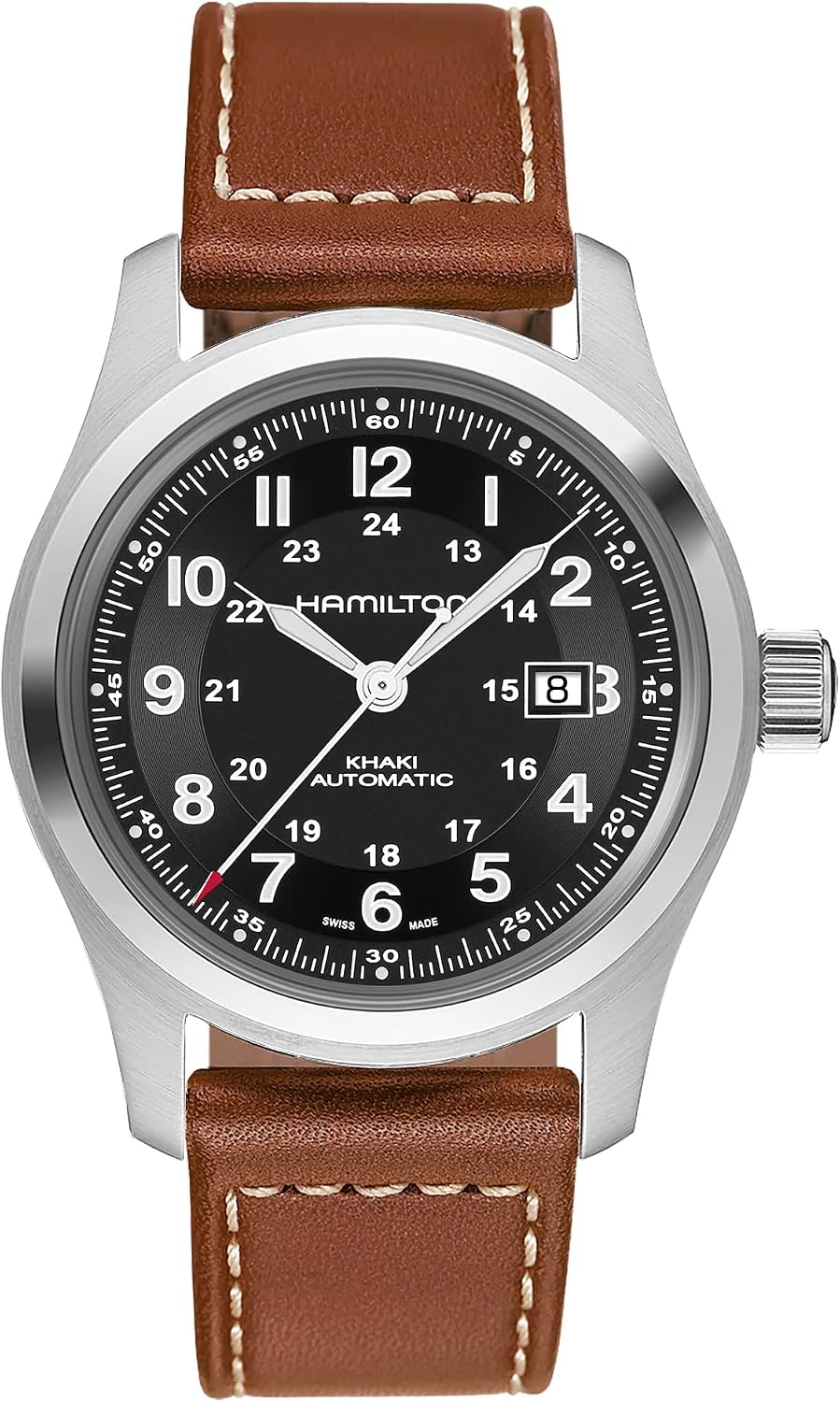 Hamilton Watch Khaki Field Auto | Swiss Made | 42mm Stainless Steel Case | Black Dial Analog Watch | Leather Strap (Model: H70555533)