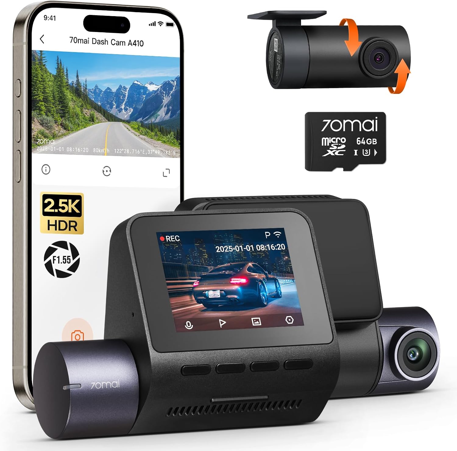 70mai Dash Cam Front and Rear A410, 2.5K+1080P Dual Dash Camera with HDR, Super Night Vision, F1.55 Aperture, 24H Parking Mode, Built-in Wi-Fi & GPS, G-Sensor, Loop Recording, 64GB Card Included