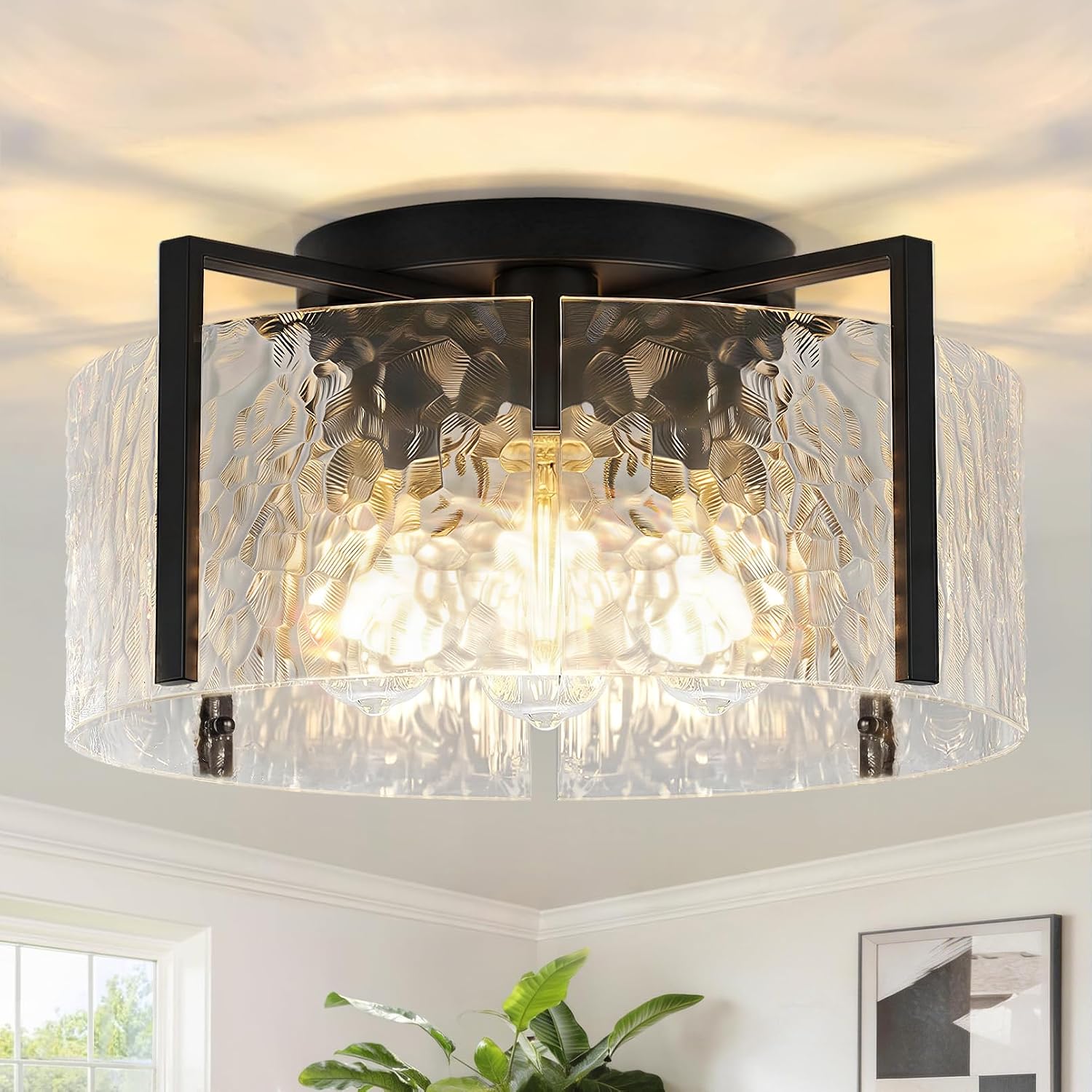 16" Semi-Flush Mount Ceiling Light, 4-Light Hammered Glass Drum Fixture