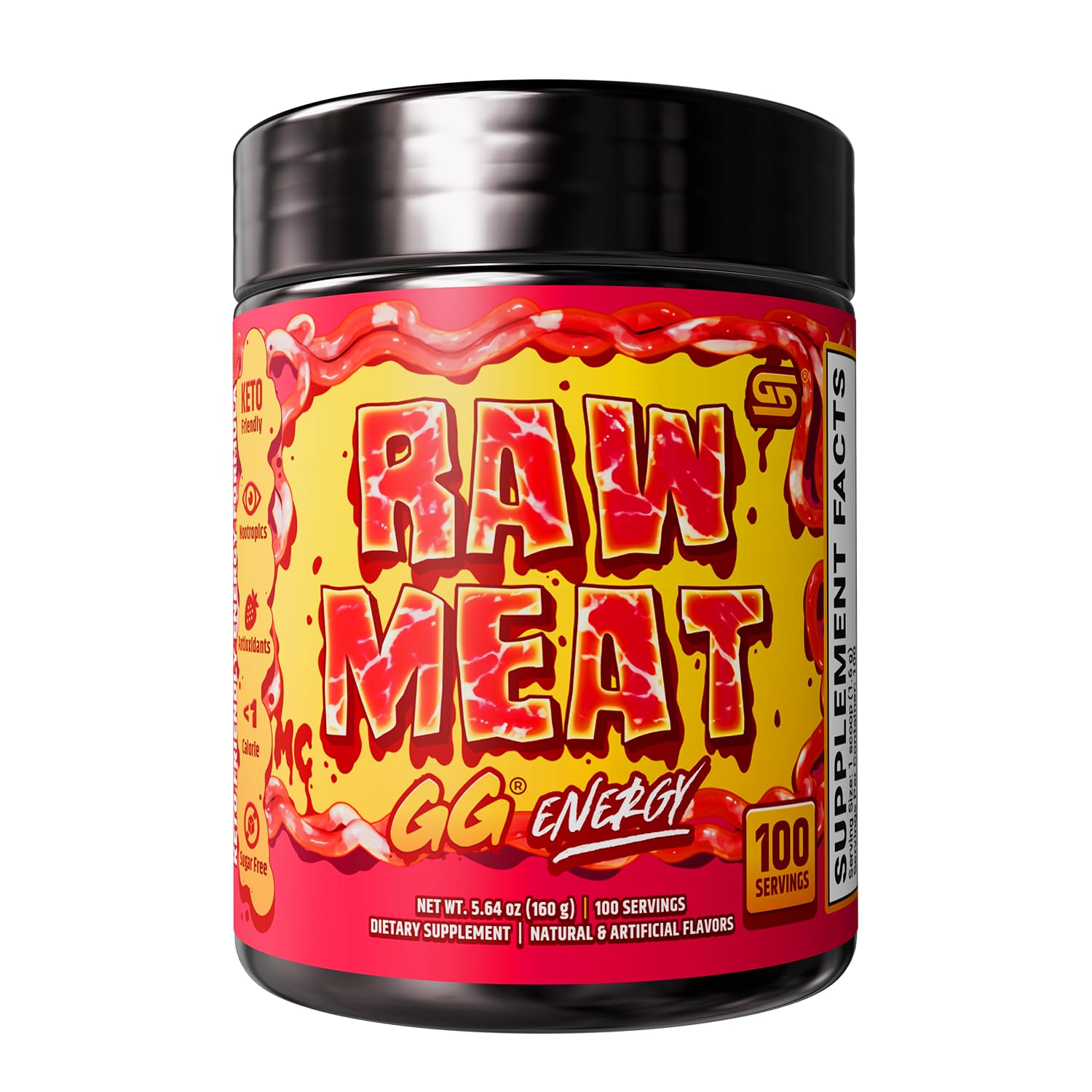 Gamer Supps GG Energy - Raw Meat by MeatCanyon (100 Servings) - Keto Friendly Gaming Energy and Nootropic Blend, Sugar Free + Caffeine + Vitamins + Immune Support, Powder Drink
