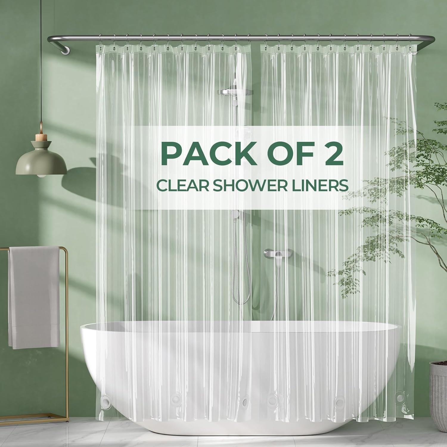 AmazerBath 2 Pack Clear Shower Curtain Liners, 72 x 78 Inches PEVA 3G Plastic Shower Curtains with Heavy Duty Stones and 12 Grommet Holes, Extra Long Waterproof Plastic Liners- Clear