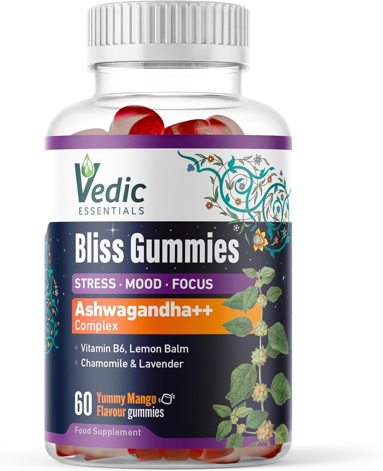 Vedic Bliss Gummies- Stress, Mood, Focus | Sugar Free Ashwagandha Gummies with Chamomile, Lemon Balm, Lavender, VIT B6 | Stress & Anxiety Gummy | High Strength Ashwagandha, Vegan, Yummy Mango Flavor