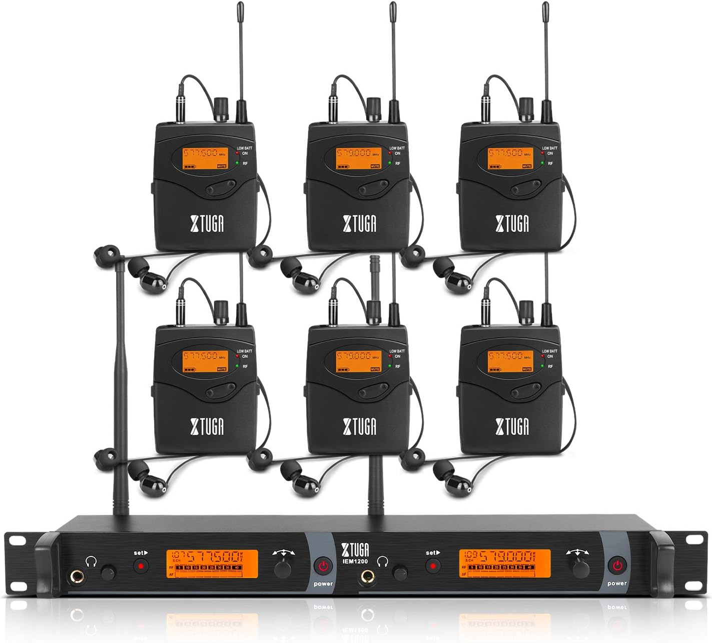 XTUGA IEM1200 Wireless in Ear Monitor System 2 Channel 6 Bodypack Monitoring with in Earphone Wireless Type Used for Stage or Studio (6 Bodypacks)