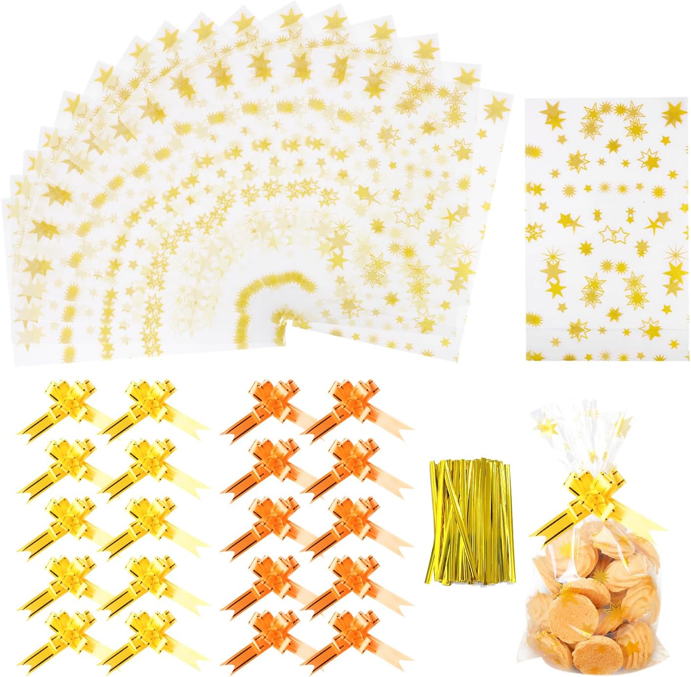 100pcs Stars Glass Bags with 100pcs Gold Ribbons 20pcs Bowknot Candy Gift Packaging Bags Food Storage Bags for Candy Cookie Chocolate