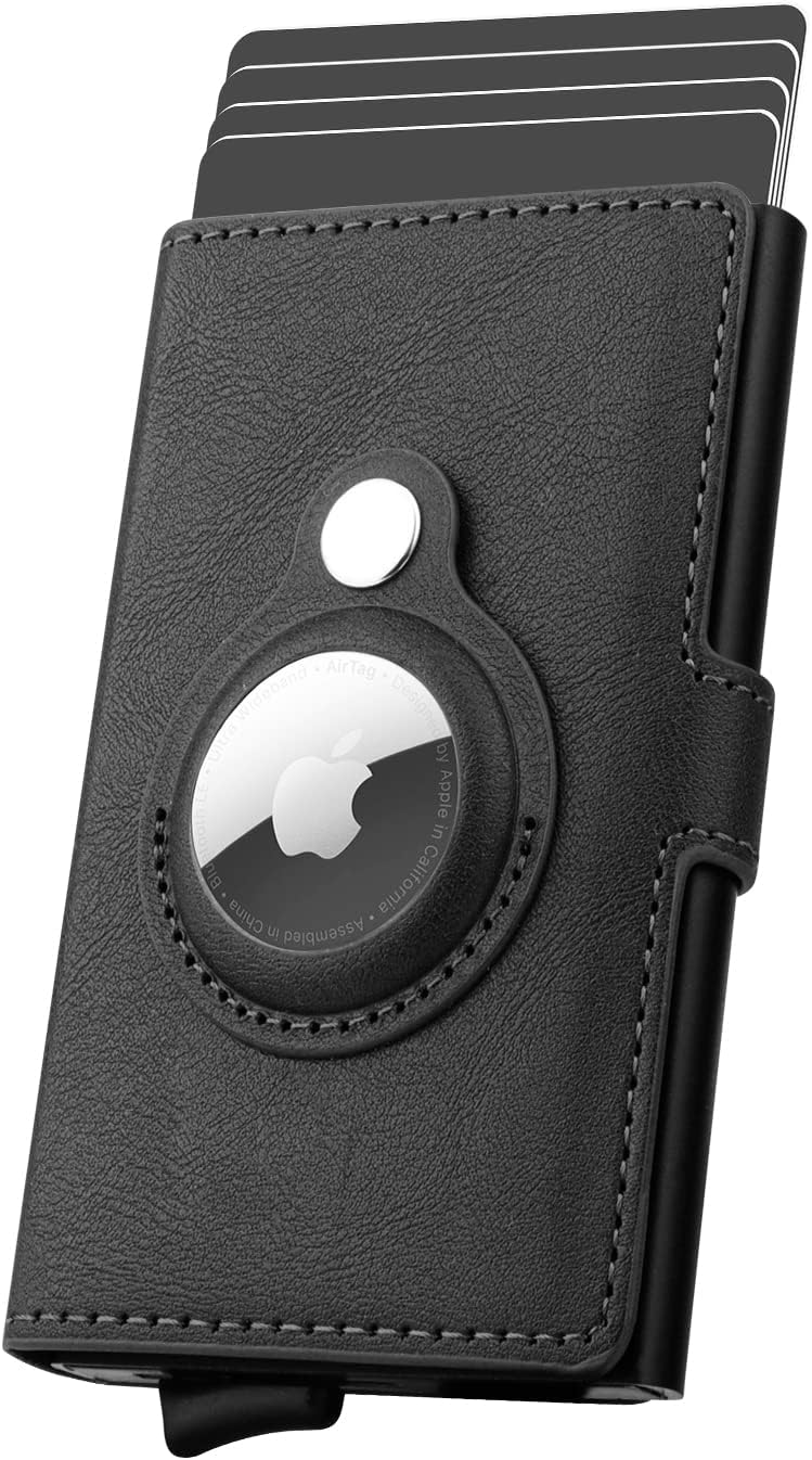 AirTag Wallet Men's Credit Card Holder, Leather Card Wallet RFID Blocking Pop Up Metal Bank Card Case(Black)