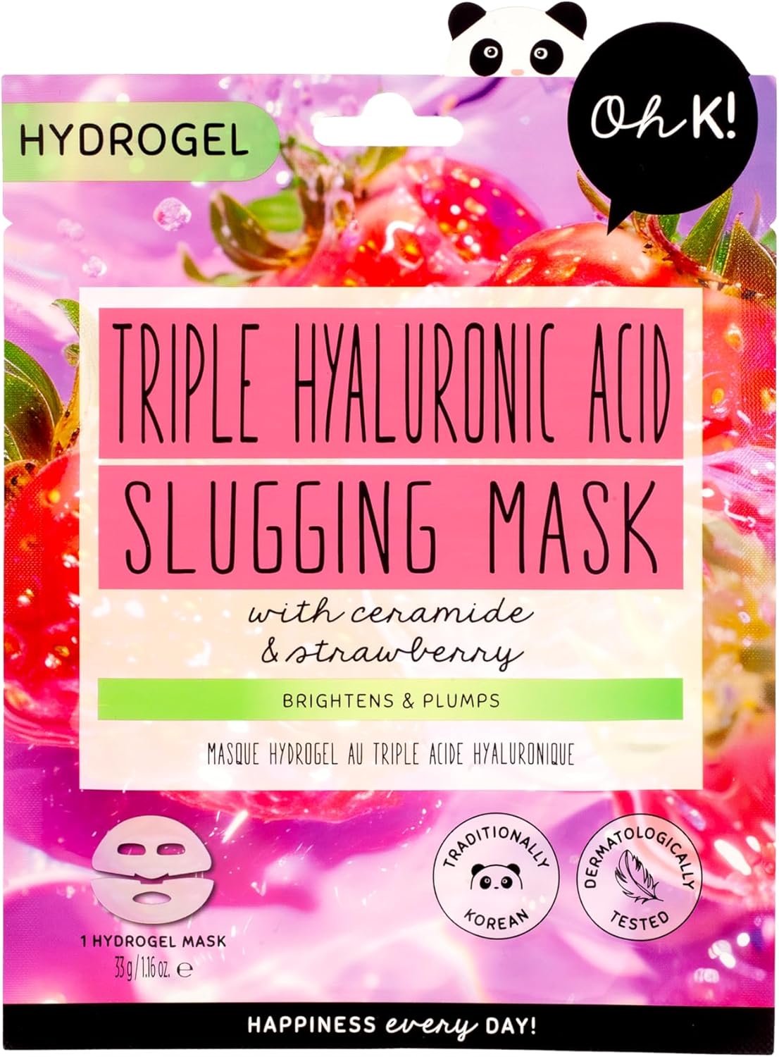 Oh K! Triple Hyaluronic Acid Slugging Mask with Ceramides and Strawberry, Brightens and Plumps, K Beauty, Biodegradable, Vegan and Cruelty Free, 33g