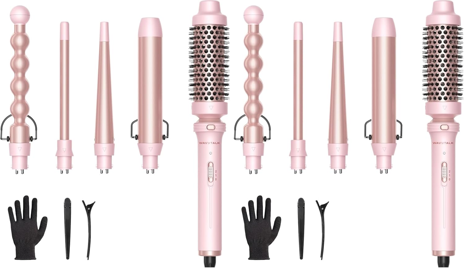 Wavytalk 5 in 1 Curling Iron,Curling Wand Set with Curling Brush and 4 Interchangeable Ceramic Curling Wand(0.5”-1.25”),Instant Heat Up,Include Heat Protective Glove & 2 Clips (Pink) (Pack of 2)