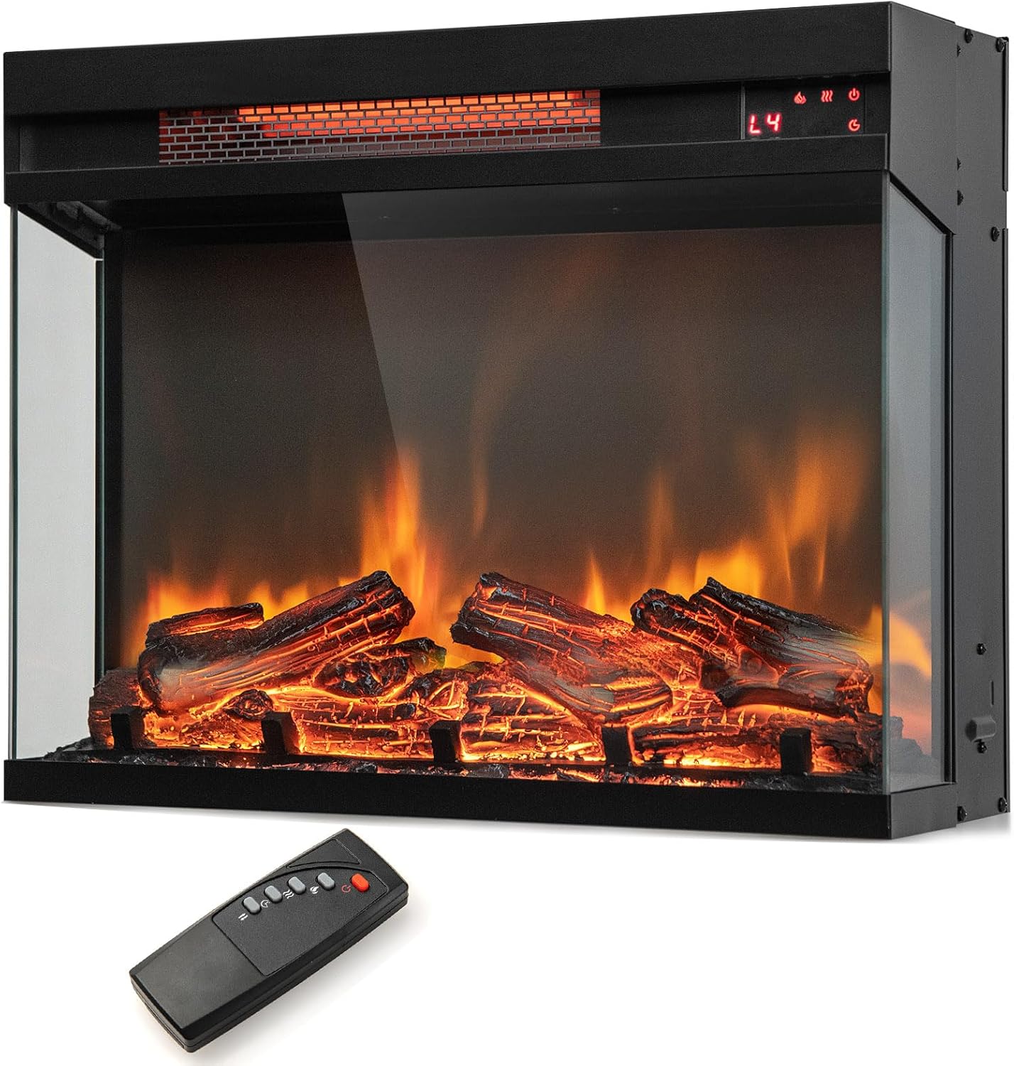 Tangkula 23-Inch 3-Sided Electric Fireplace Insert with Remote Control, 1500W Fireplace Heater with Thermostat, Adjustable Brightness, 8H Timer, Overheat Protection