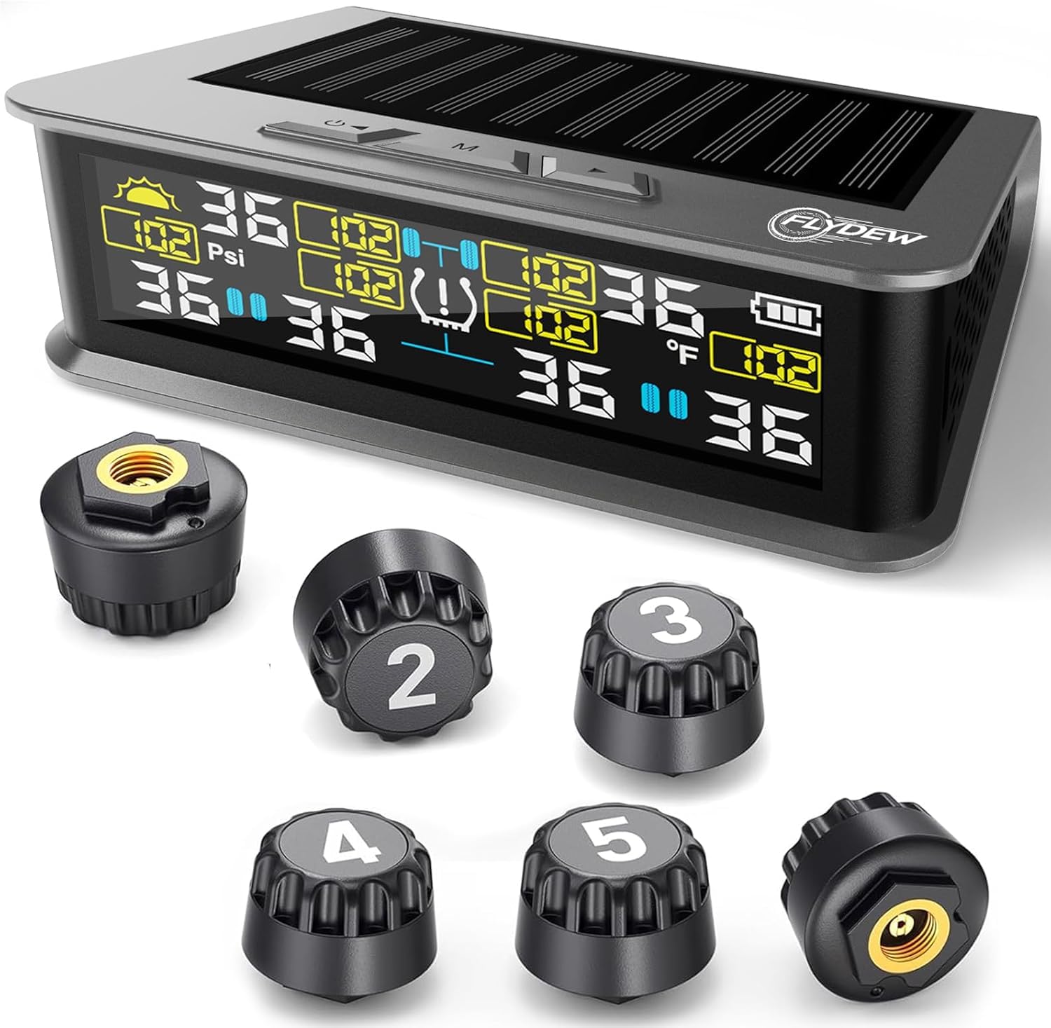 RV TPMS Tire Pressure Monitor, 6 Sensors, 0-144 PSI, Solar Display