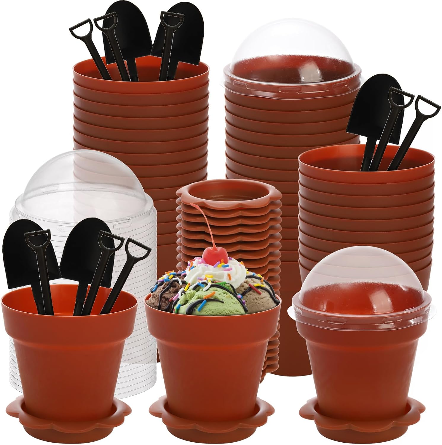 ZEAYEA 50 Pack Dessert Cups With Lids and Spoons, 6.7 oz Plastic Parfait Appetizer Cups, Cute Mini Flowerpot for Ice Cream, Dirt Cake, Fruit Trifles, Pudding, Yogurt, Mousse, Chocolate Dessert