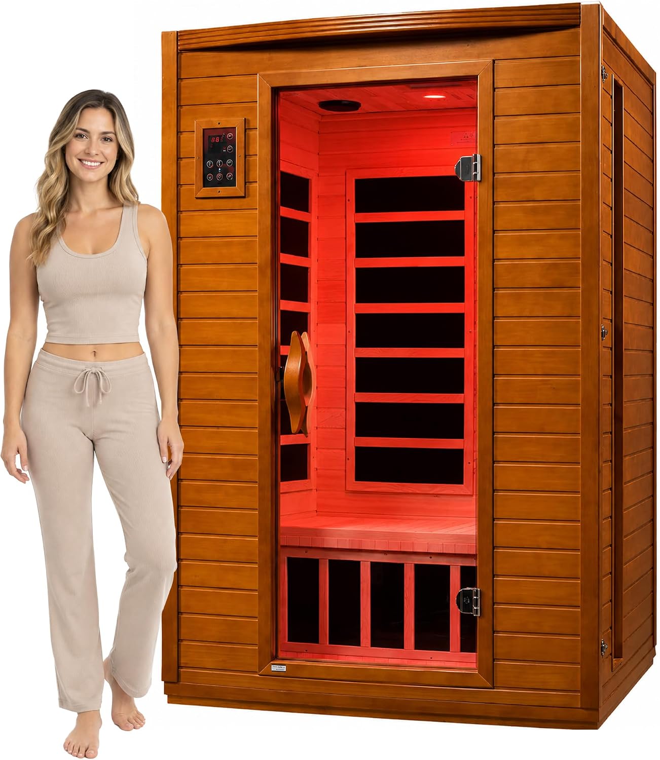 Dynamic Saunas Andora 2-Person Infrared Sauna with Red Light Therapy.