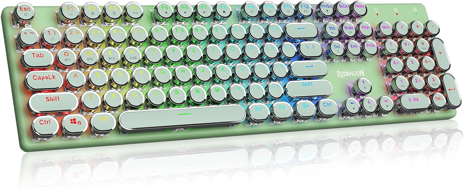 Redragon K710 Wireless Typewriter Mechanical Gaming Keyboard, Green | Bluetooth/2.4Ghz/Wired, RGB Led Backlit, Blue Switch - Clicky, Rechargeable 4000mAh, Solid Metal Panel, Round Keycaps
