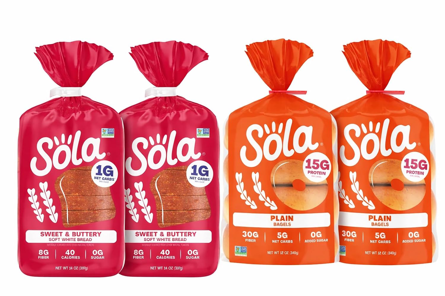 Sola Low Carb Bread & Bagels Variety Pack – 4 Pack (2 Sweet & Buttery Bread + 2 Plain Bagels) | Keto Friendly, High Fiber