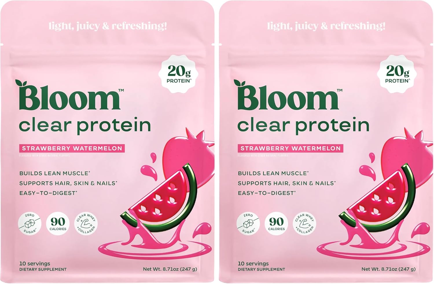 Bloom Clear Protein, Whey Protein Isolate with Collagen Peptides and Digestive Enzymes, 20g Protein, Sugar Free Post Workout Drink Mix, 90 Calories, Strawberry Watermelon, 10 Servings (Pack of 2)