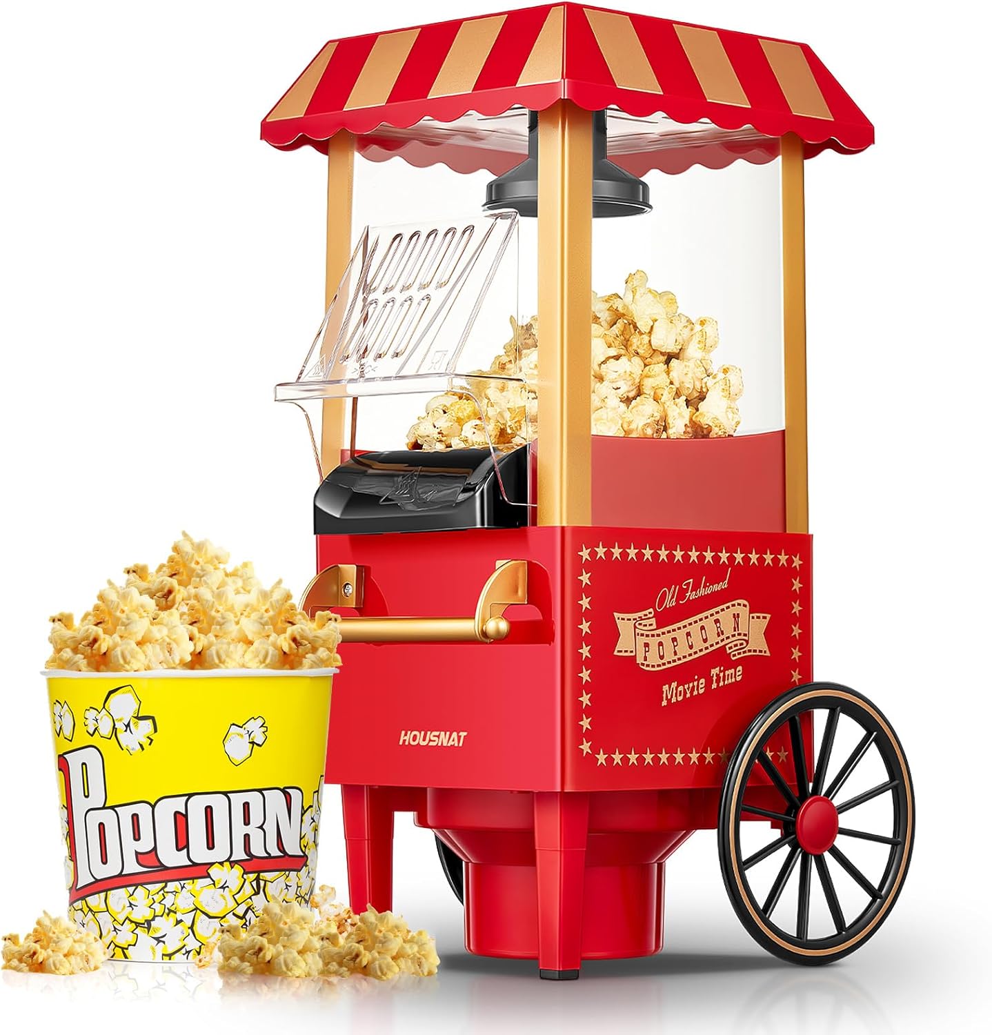HOUSNAT Popcorn Maker 1200W, Home Hot Air Popcorn Machine, Healthy & Fat-Free, Easy to Clean & Use, Best Theater Popcorn Popper for Movie Night,Parties, Kids Birthday Party Favorites, Red