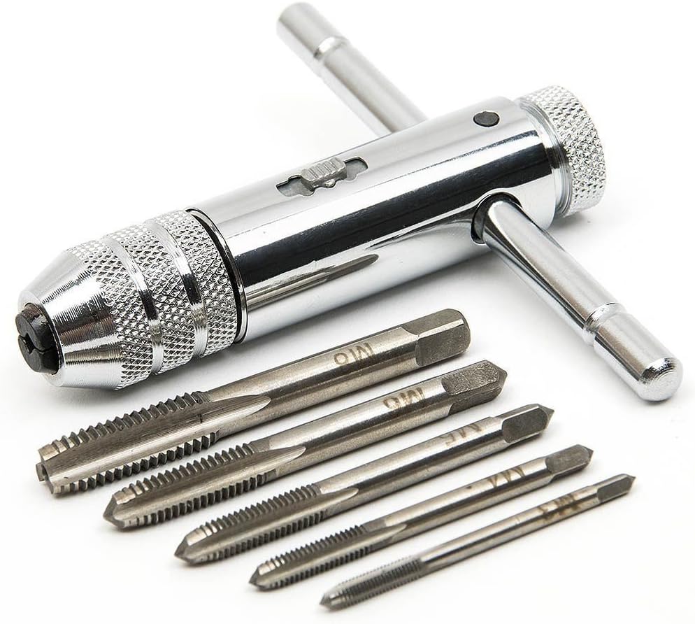 QISF Adjustable Silver T-Handle Ratchet Tap Holder Wrench with 5pcs M3-M8 3mm-8mm Machine Screw Thread Metric Plug T-shaped Tap