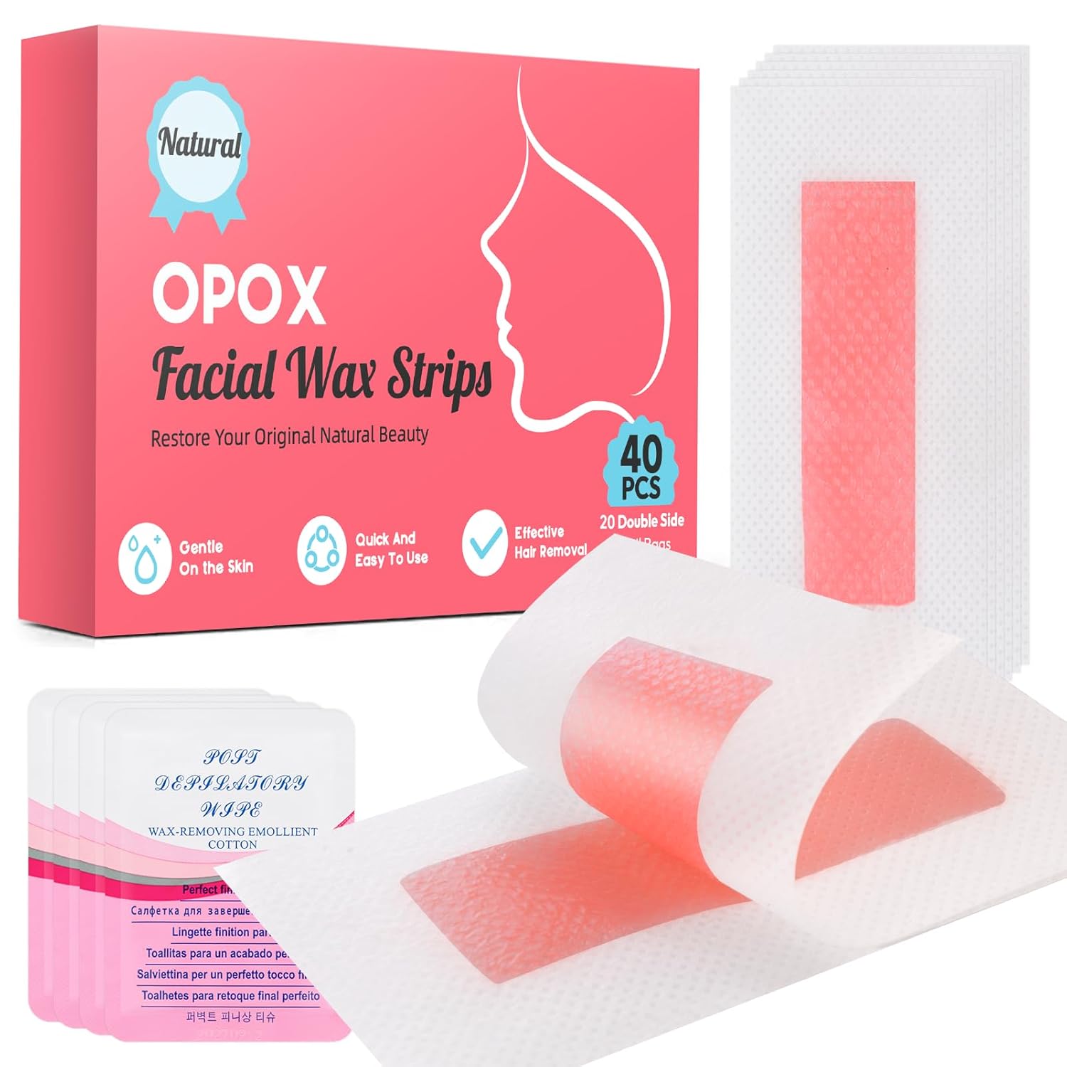 40PCS Facial Wax Strips for Hair Removal, Facial Hair Removal for Women, Waxing Kit for Women's Face, Bikini, Chest, Body, Arms, Legs, Back, & Brazilian | 40ct Waxing Strips & 4 calming Oil Wipes