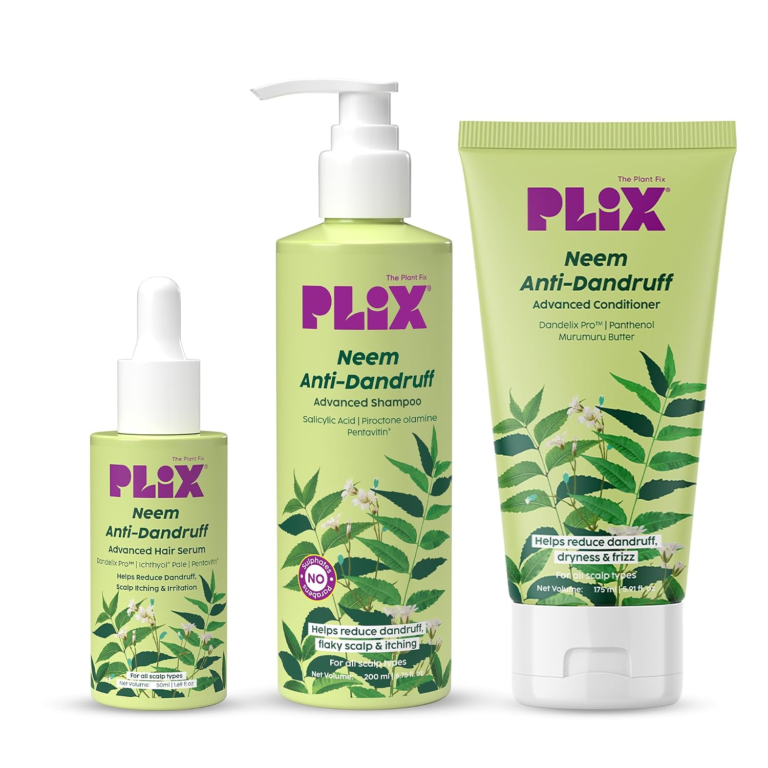 PLIX - THE PLANT FIX Neem Anti-Dandruff Advanced Kit | Shampoo (200ml), Serum (50ml), Conditioner (175ml) | Reduces Dandruff & Scalp Itching | Piractone Olamine & 3% Dandelix Pro