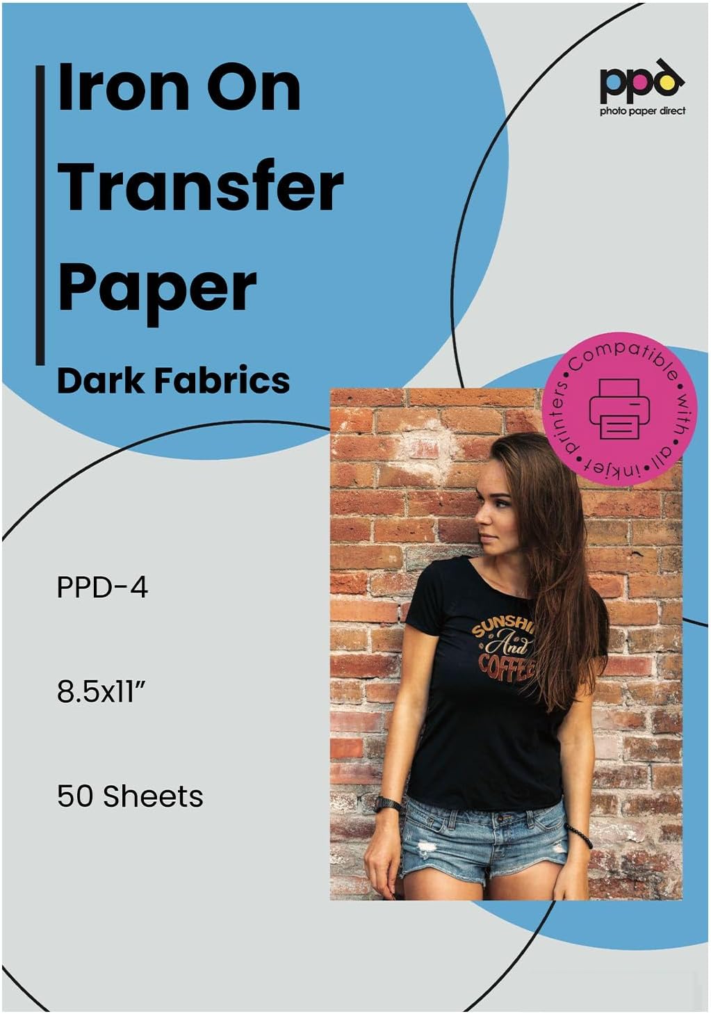 PPD Iron on Transfer Paper for Dark Fabric Compatible with Inkjet Printer, A4, 8.5 x 11 Printable T Shirt Heat Transfer Papers, Custom Print Photo, Durable, Flexible & Machine Washable (50 Sheets)
