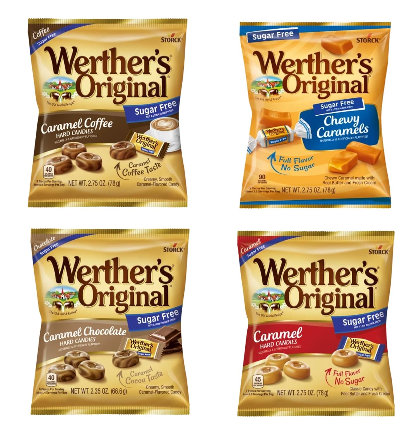 Werther's Original Sugar Free Variety Pack of 4 - One Bag of Each Flavor - Hard Caramels, Caramel Coffee, Caramel Chocolate, and Chewy Caramels