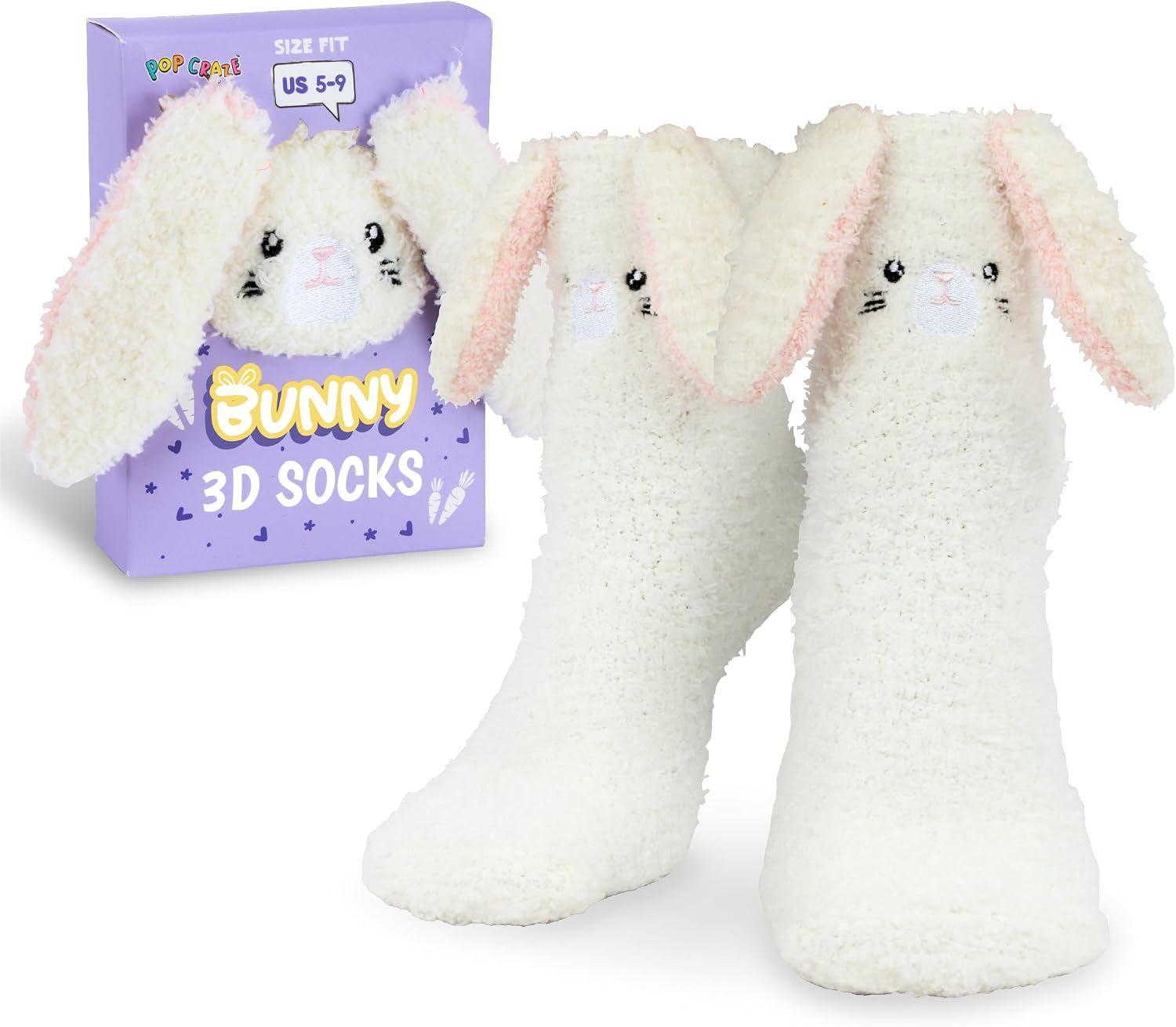 POPCRAZE Novelty Fuzzy Bunny Socks Unisex Soft Plush Cozy | One size fits US 5–9; 1 pair of rabbit-themed crew socks with a plush, ultra-soft feel perfect for lounging.