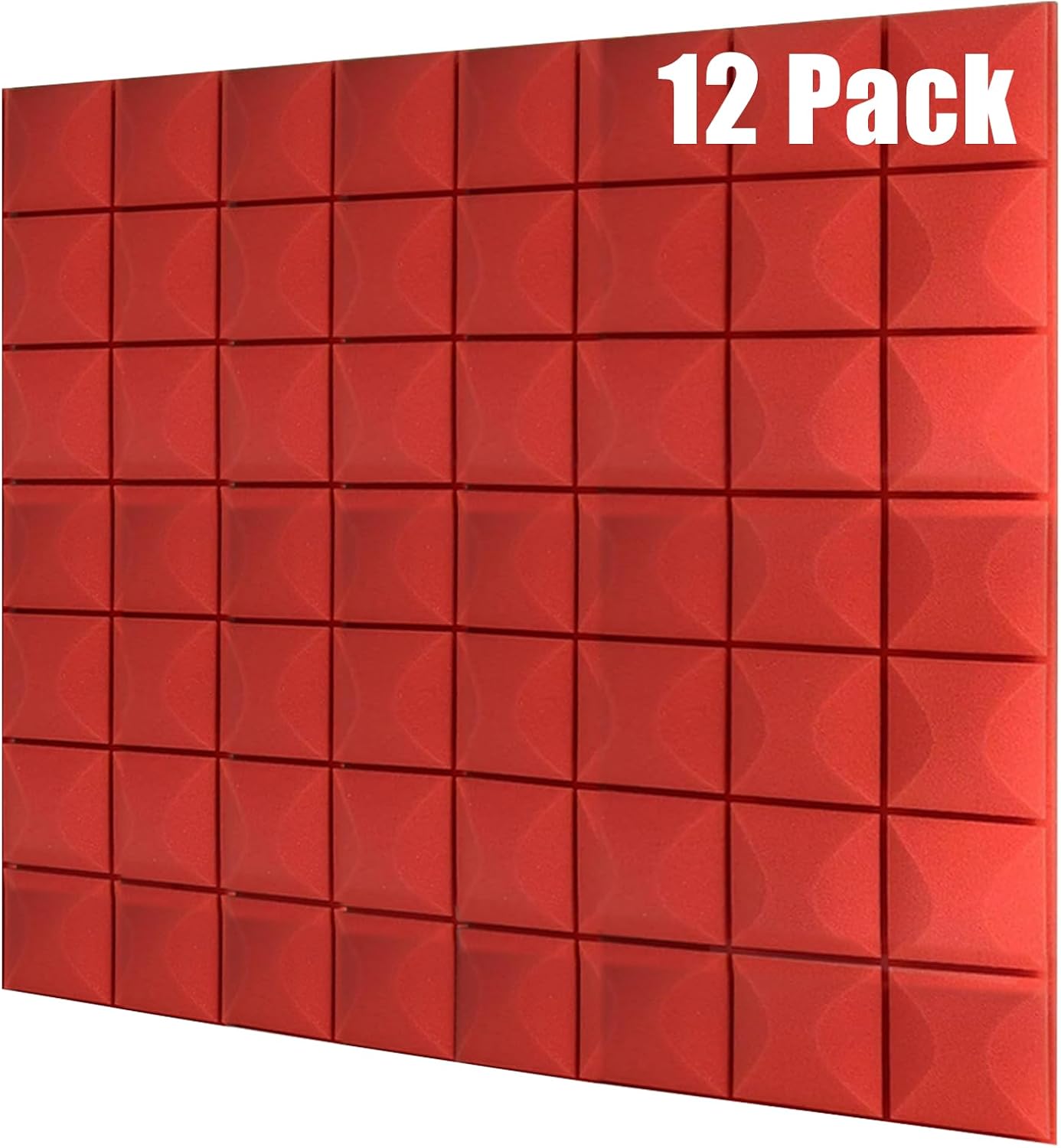Acoustic Foam Panels 12 Pack 2" x 12"x 12" High Density Soundproofing for Wall Saiqiang Mushroom Sound Proof Foam Panels Noise Absorbing Blocker and Sound-Damping Studio Office Gaming Room (Red)
