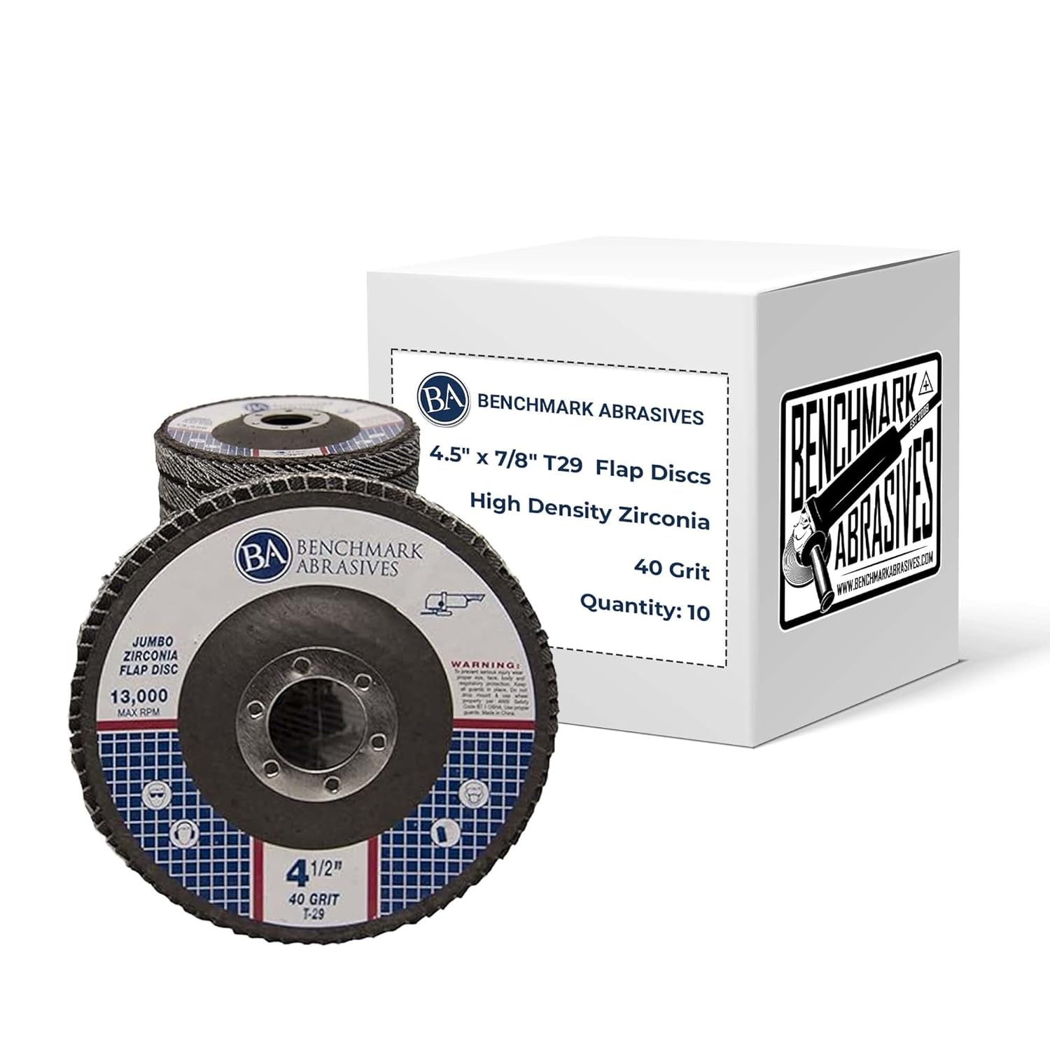 Benchmark Abrasives 4.5" x 7/8" Premium High Density Jumbo Zirconia Type 29 Flap Discs 4 1/2 for Angle Grinder, Sanding Discs, Finishing - Grinding Wheels 4 1/2 Inch (10 Pack) - 40 Grit