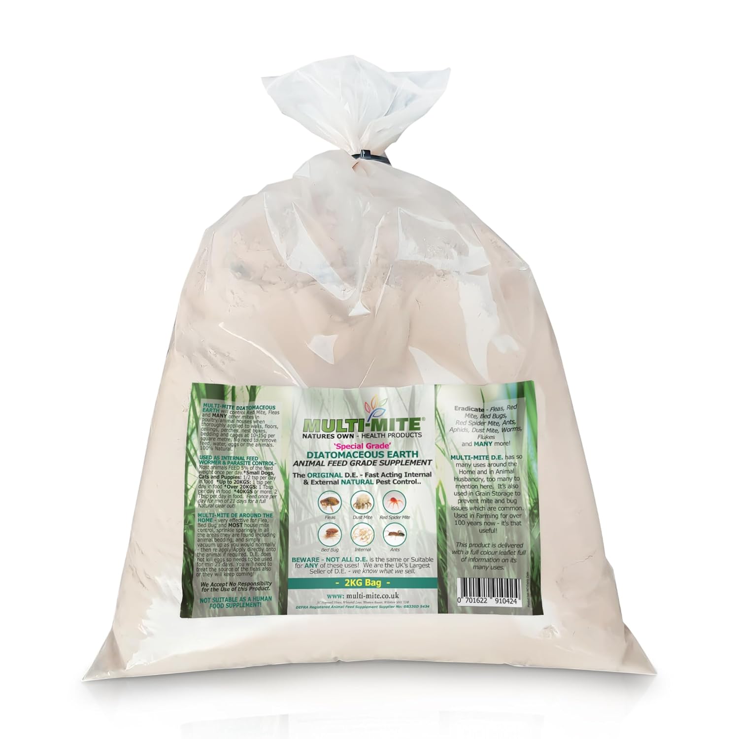 Multi-Mite 2KG DIATOMACEOUS EARTH Feed Supplement DE Powder - 100% Natural Insect Mite Treatment - Red Mite Fleas and All Animal Lice Control Powder