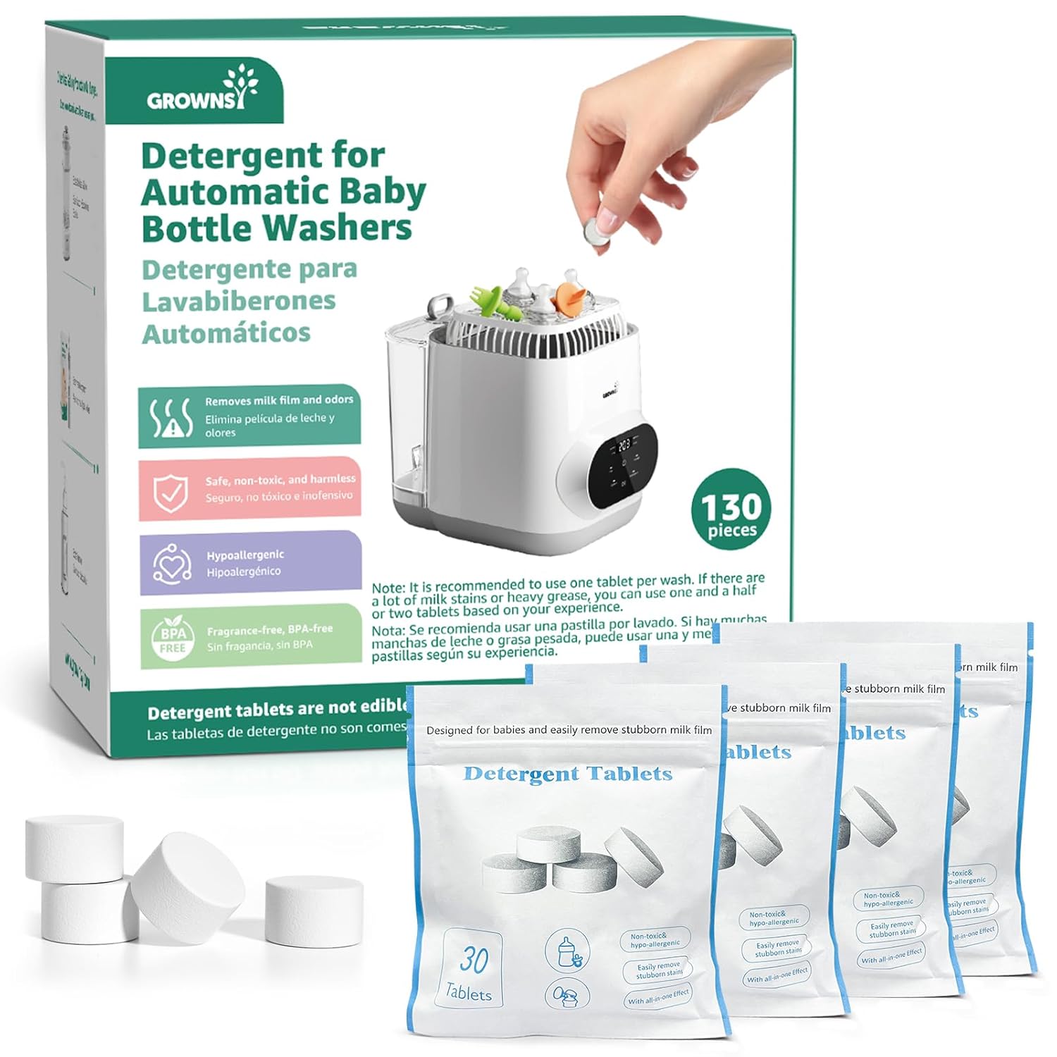 GROWNSY Official Detergent Tablets - 130 PCS, Compatible with GROWNSY and Momcozy Baby Bottle Washers