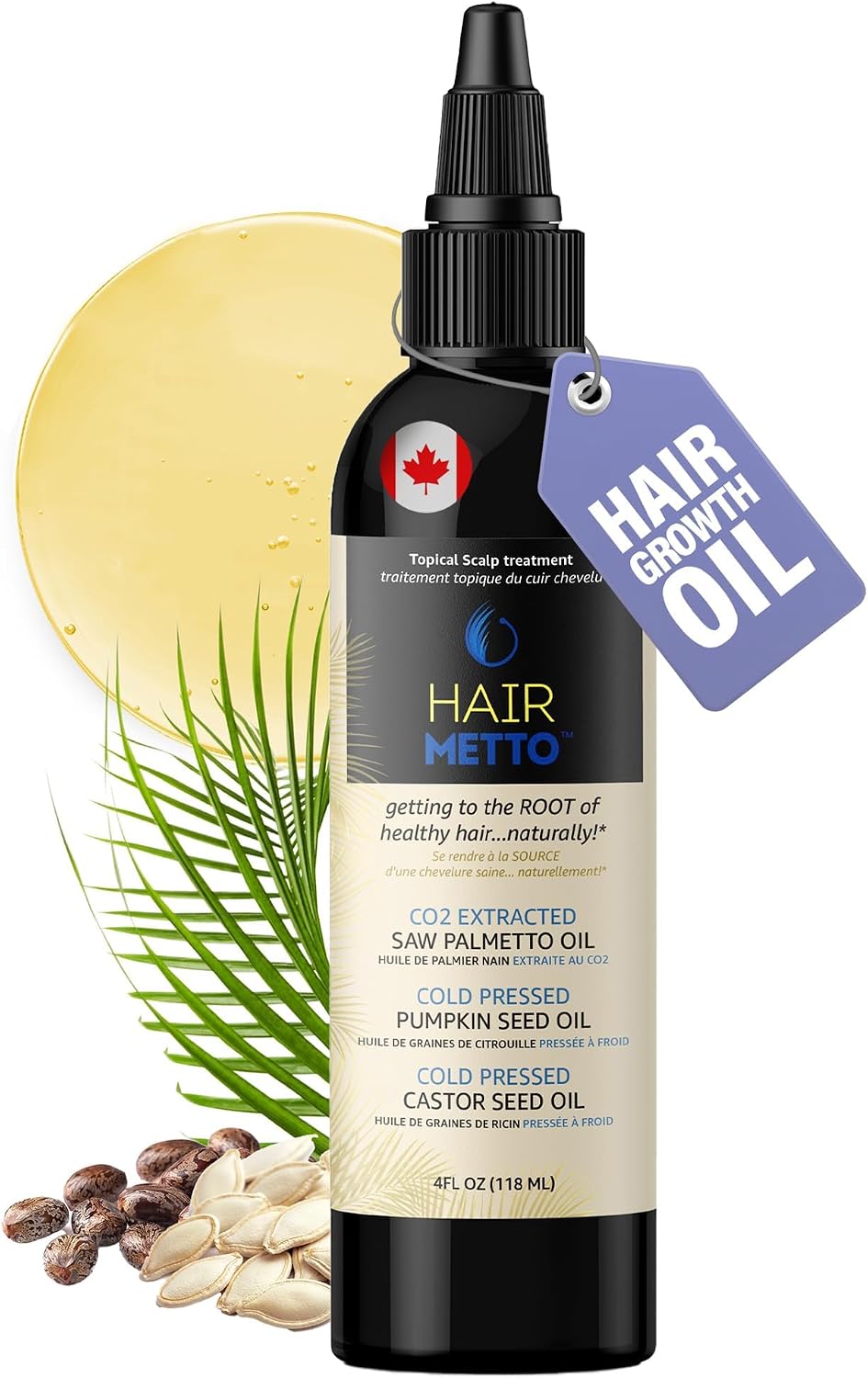 HAIRMETTO® Saw Palmetto Extract Pumpkin Seed Oil for Hair Growth - Hair Oil for Dry Scalp - 10X Potency Targeted Scalp Treatment with Castor, Lavender Scent, Rosemary Oil for Hair 4oz (118ml)